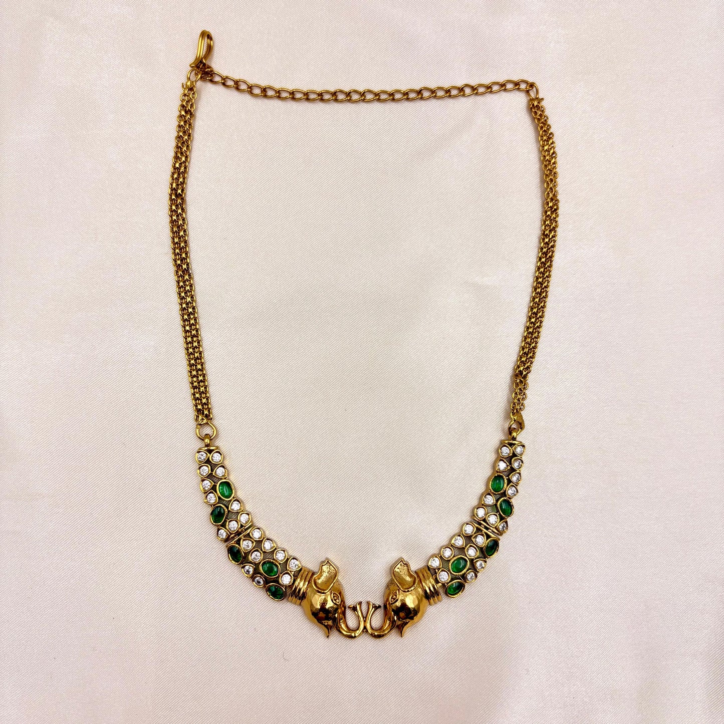 Elephant Motif Necklace Set with Green Stones – Gold Finish