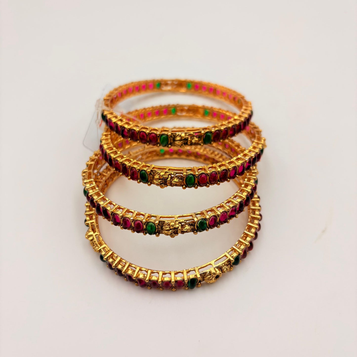 Antique Gold-Plated Temple Bangles with Ruby & Green Stones – Traditional Lakshmi Design