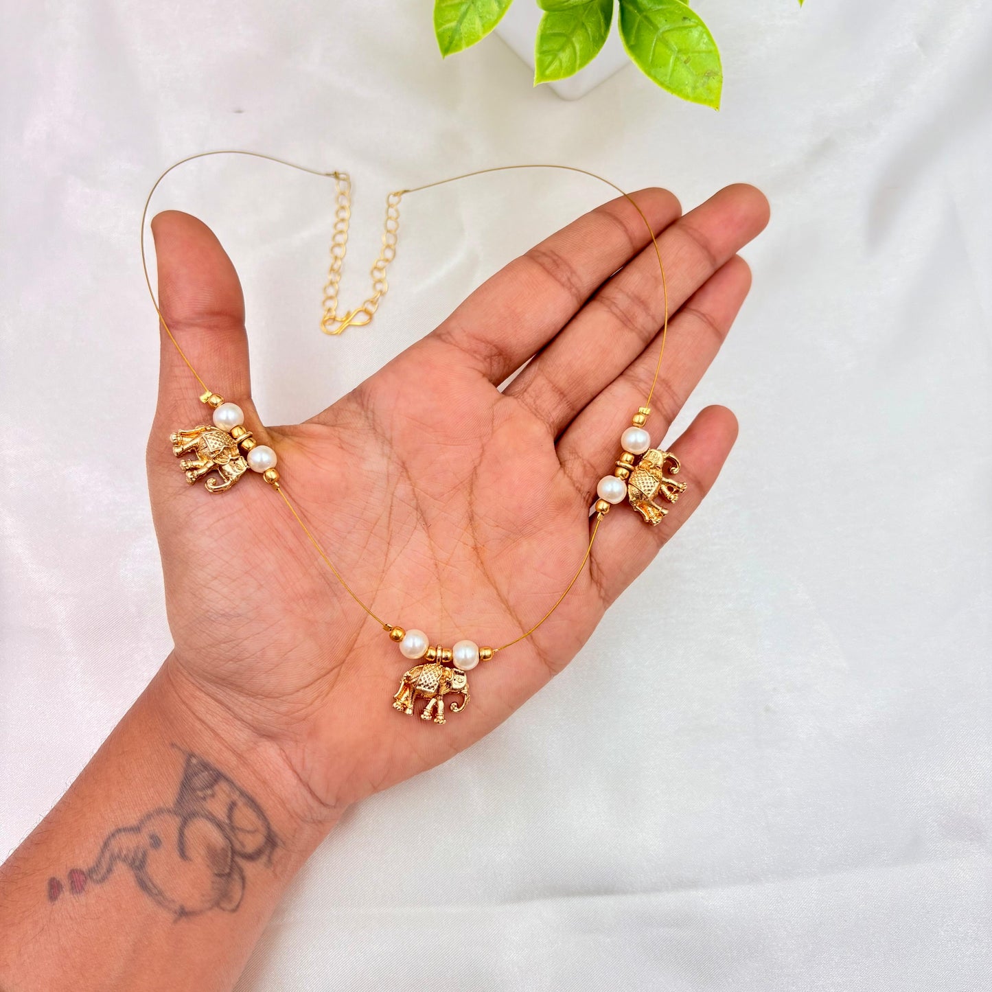 Gold Finish Elephant Motif Wire Necklace Set with Pearl Accents