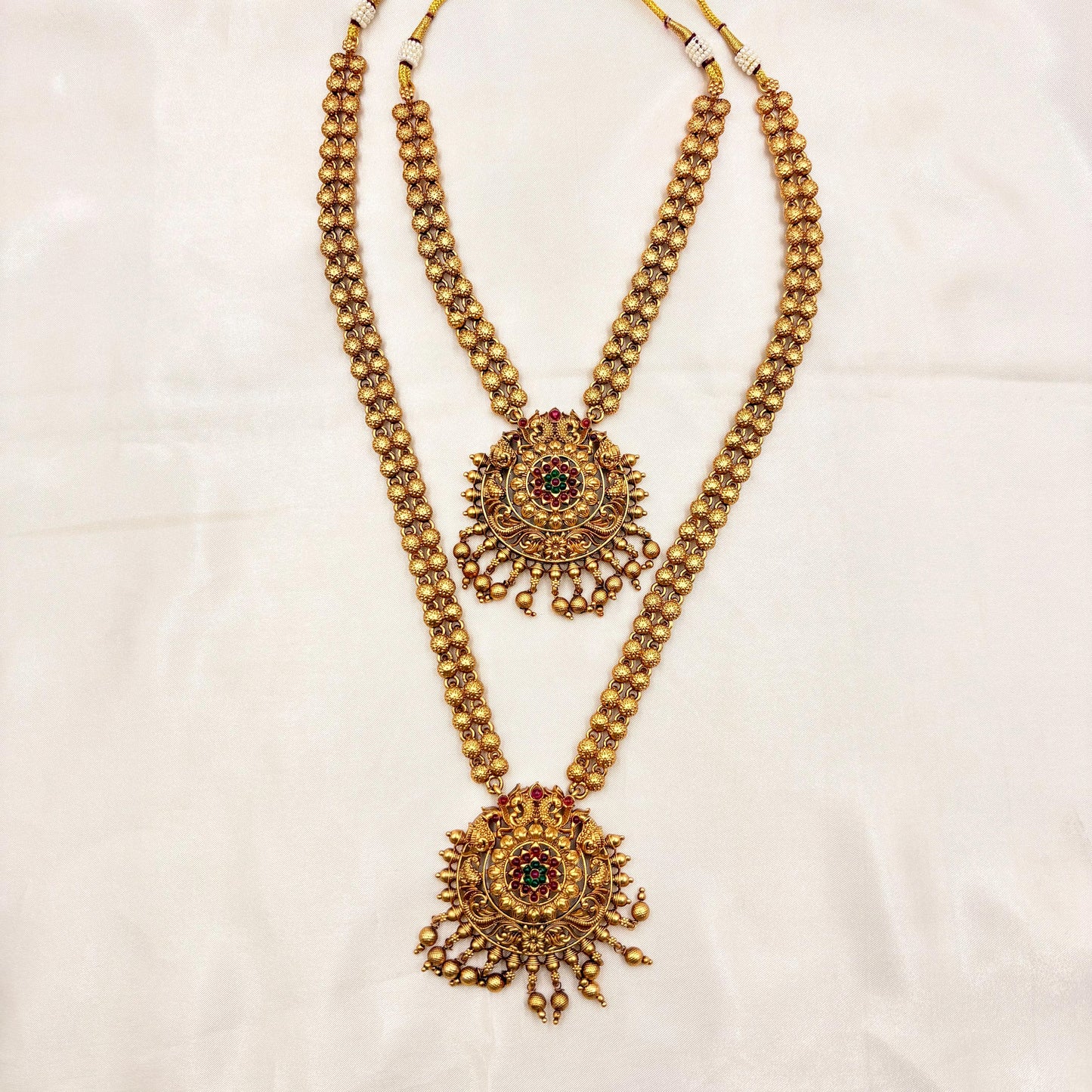 Royal Double Layer Antique Gold Haram with Circular Temple Pendants