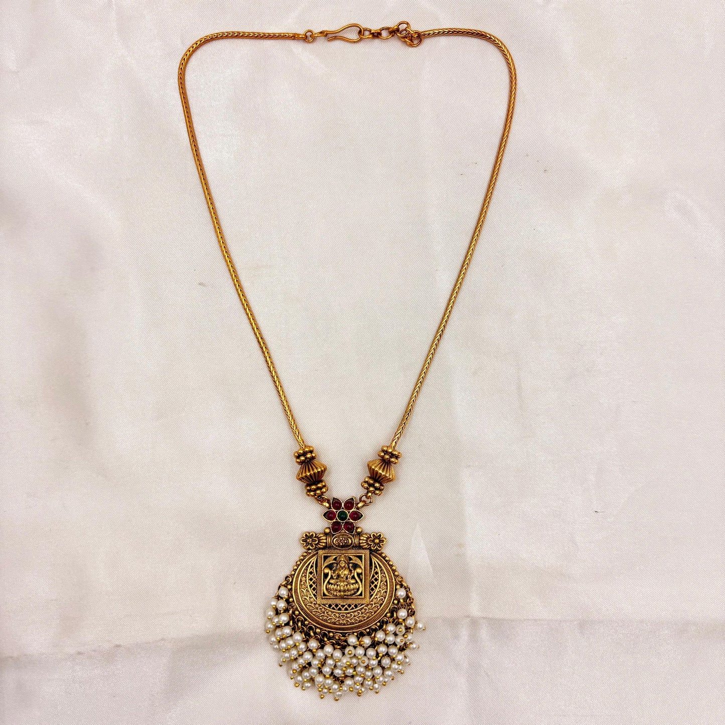 Antique Gold Lakshmi Temple Necklace with Pearl Cluster Pendant & Matching Earrings