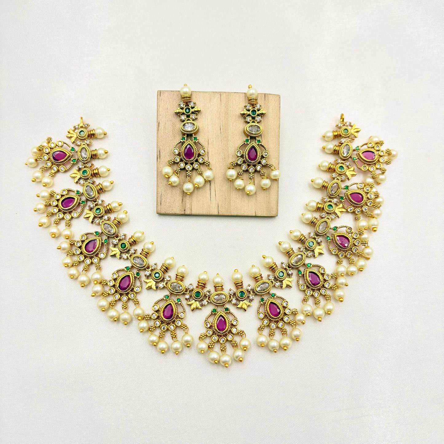 Temple Style Pink Kemp Stone Choker Necklace Set with Pearl Drops