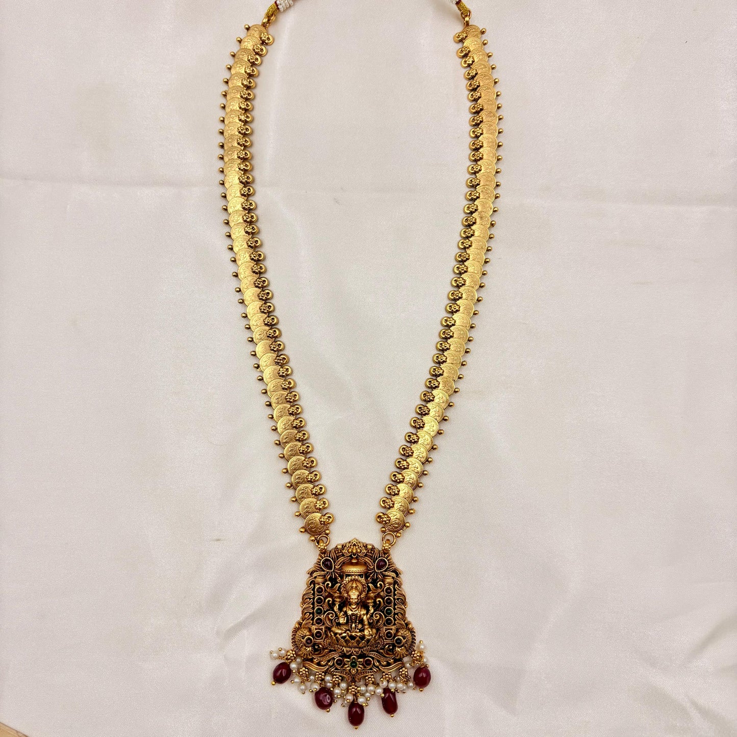 Antique Gold Lakshmi Kasu Haram with Ruby Beads & Jhumka Earrings | Temple Jewelry Set