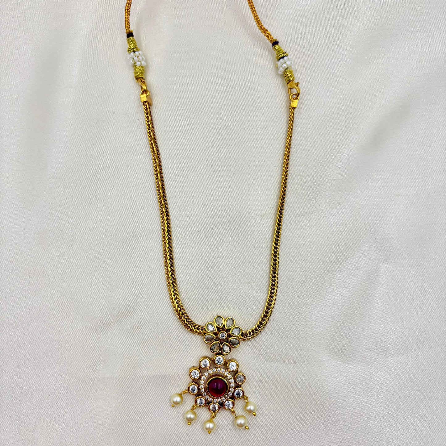 Ruby Stone Kundan Pearl Pendant Necklace