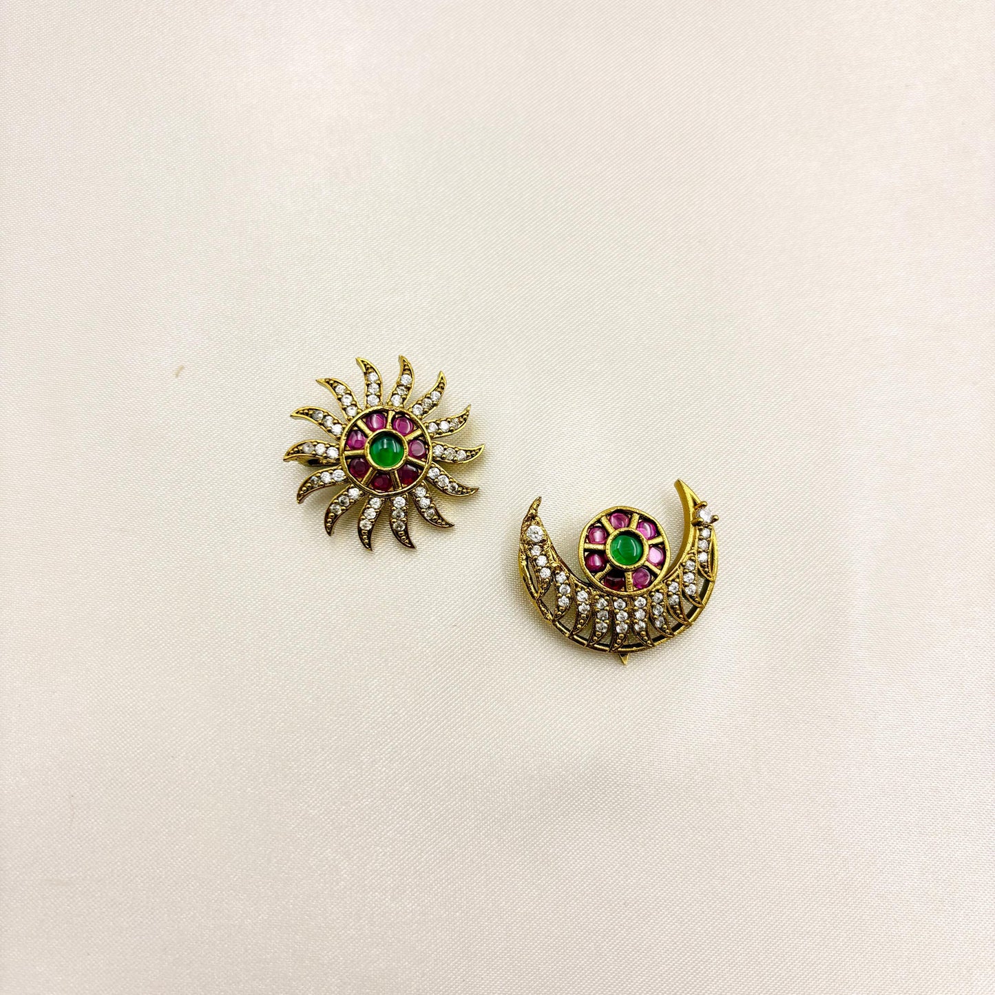 Traditional Sun & Moon Temple Jewellery Hair Accessories – Antique Gold Bridal Hair Pins with CZ Stones