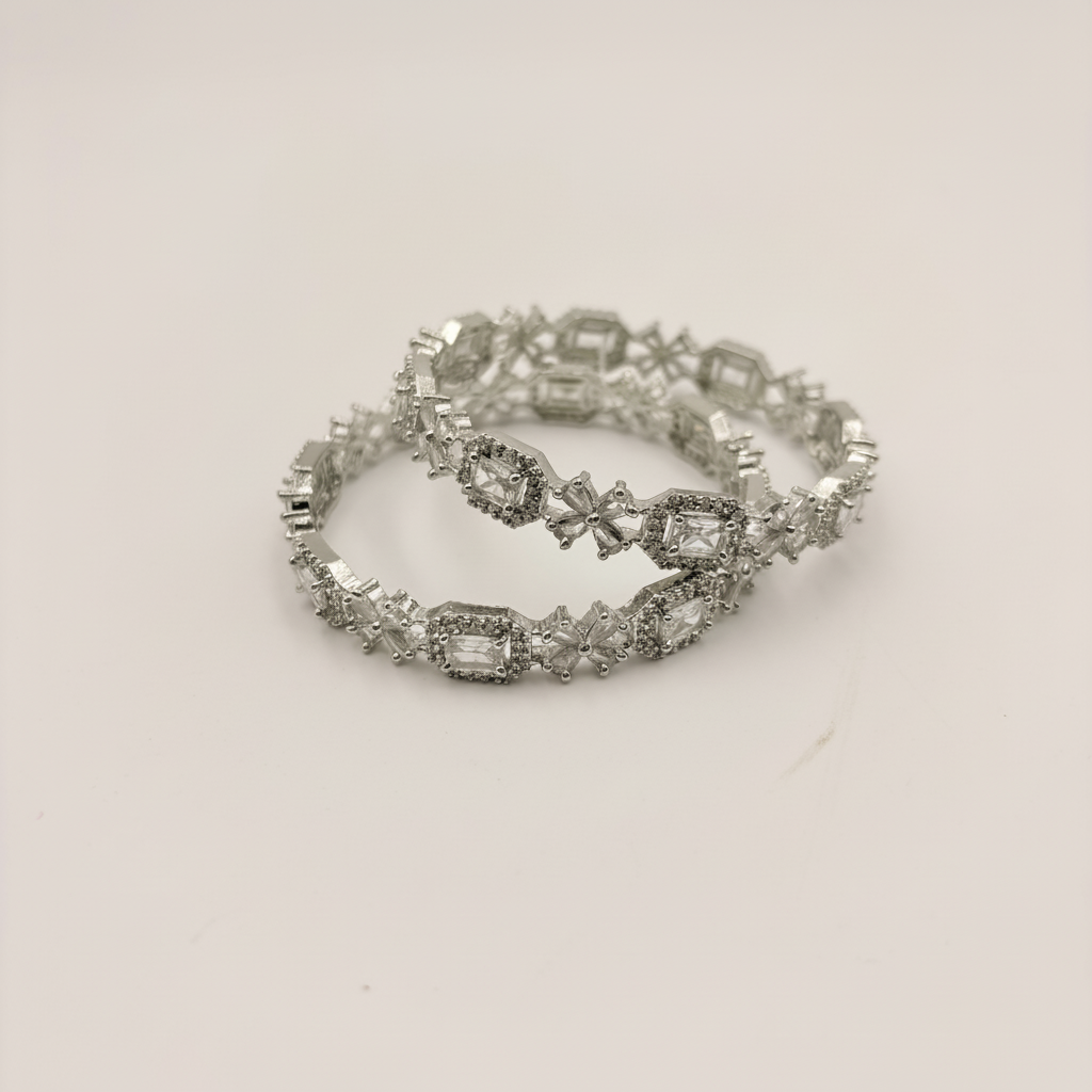 Premium Silver CZ Bangles – Emerald-Cut & Floral Stone Designer Bangle Set