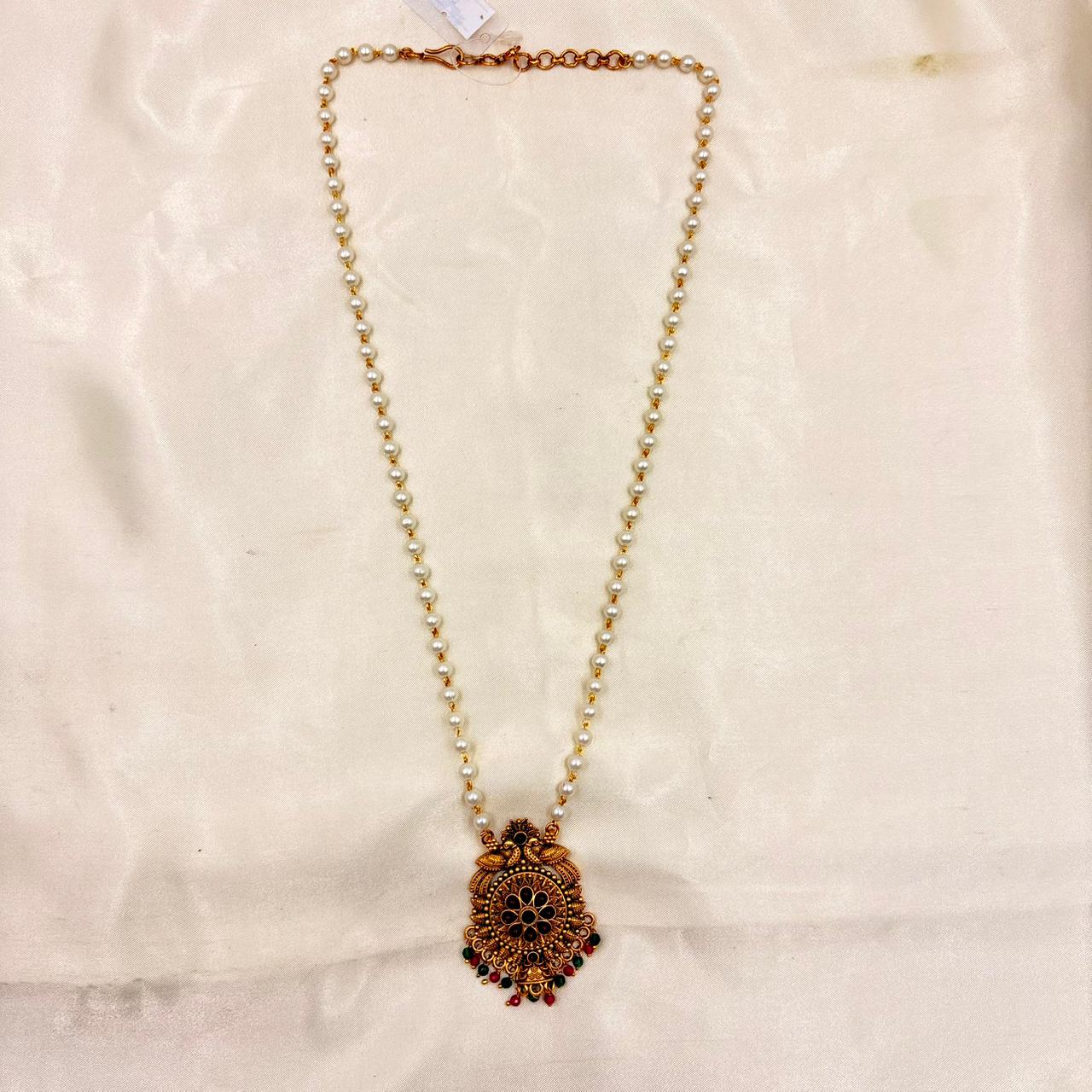 Antique Gold Pearl Long Necklace Set with Pendant & Matching Earrings