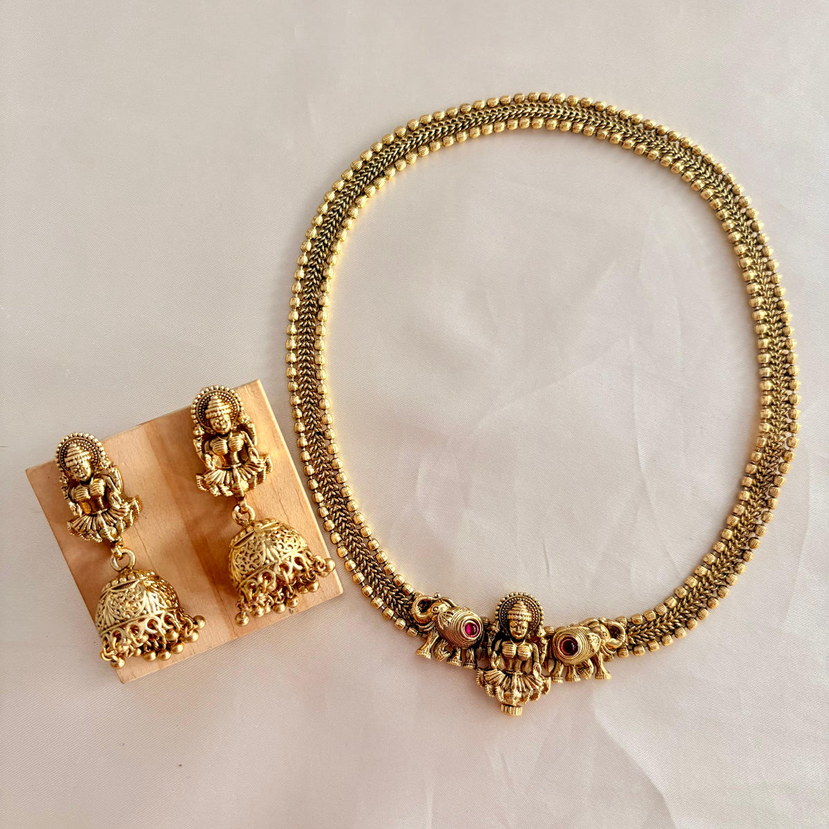 Antique Gold Lakshmi Temple Necklace Set with Jhumka Earrings