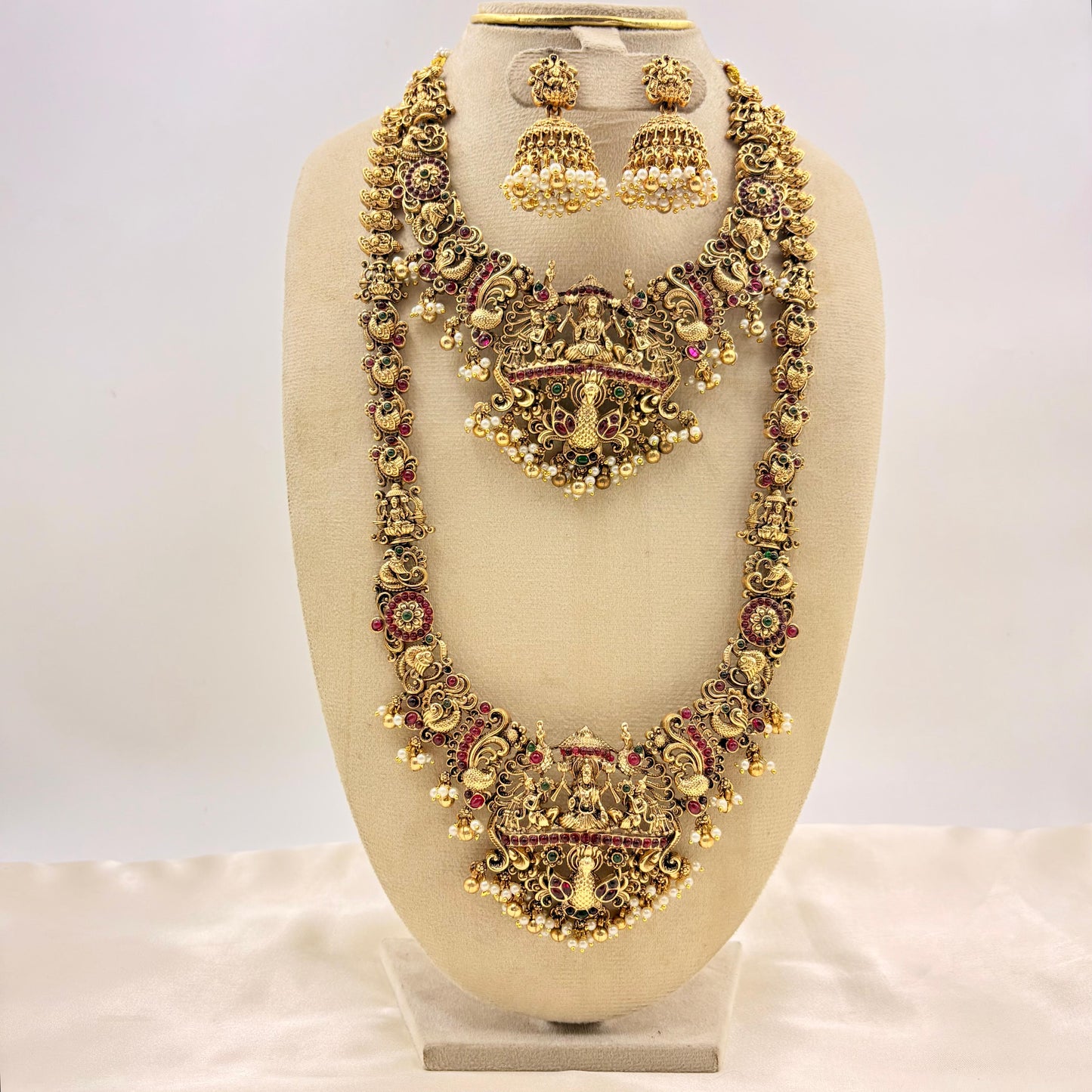 Royal Lakshmi Temple Jewellery Set – Antique Gold Bridal Choker, Long Haram & Pearl Jhumka Earrings