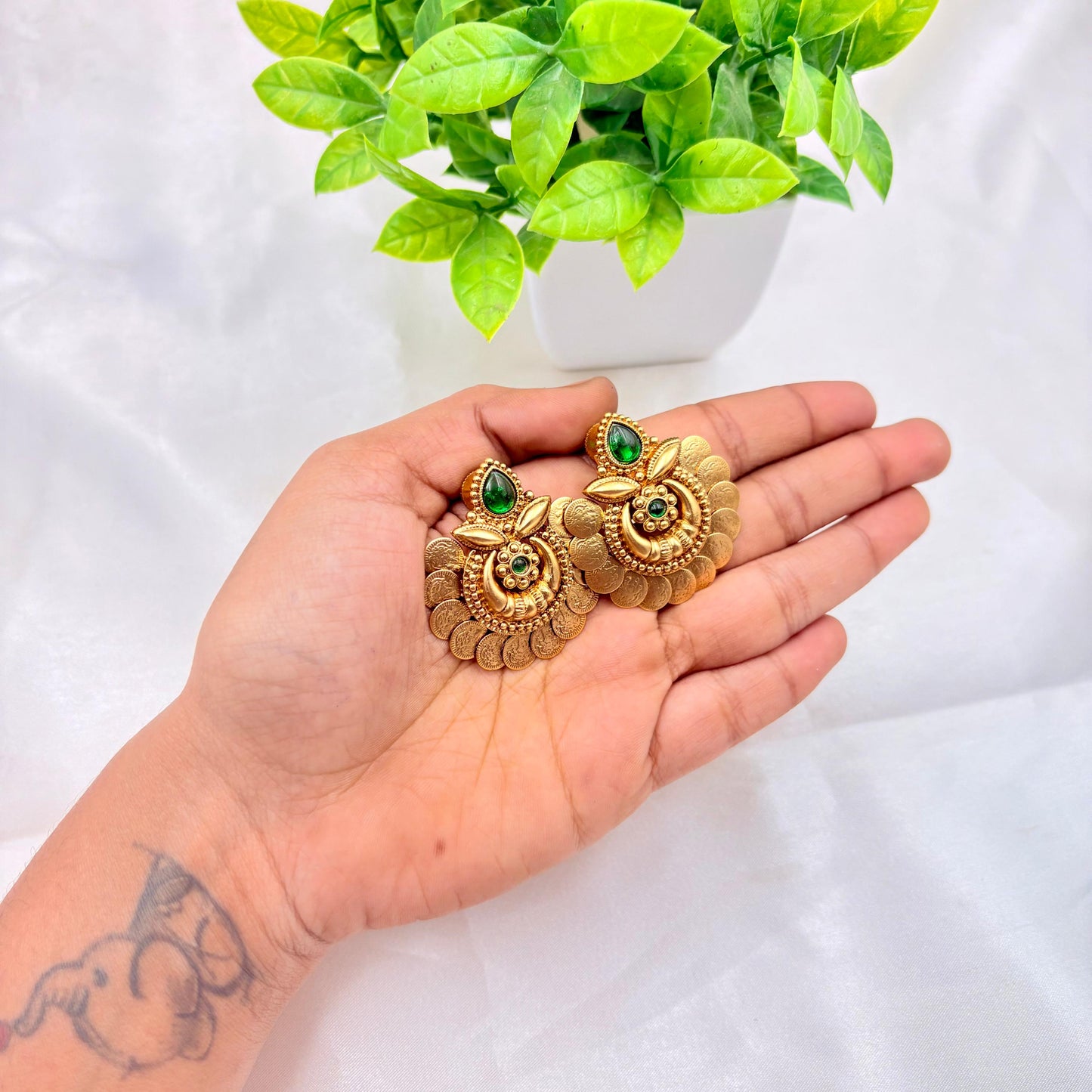 Antique Gold Coin Temple Earrings with Green Stones