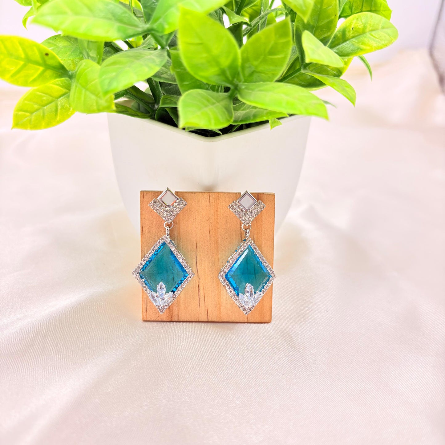 Aqua Blue Crystal Diamond Drop Earrings