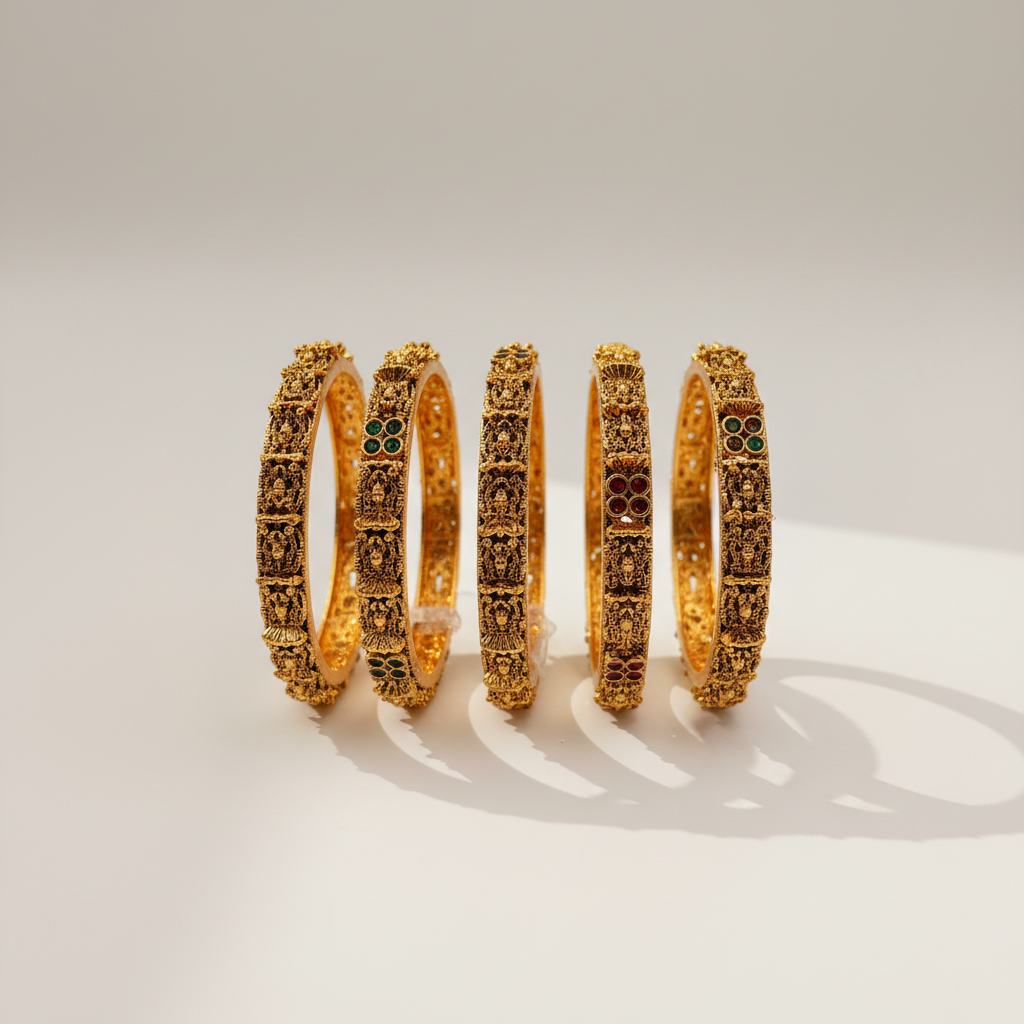Antique Gold Temple Bangles with Ruby & Emerald Stones – Intricately Carved South Indian Bangle Set (Set of 4)