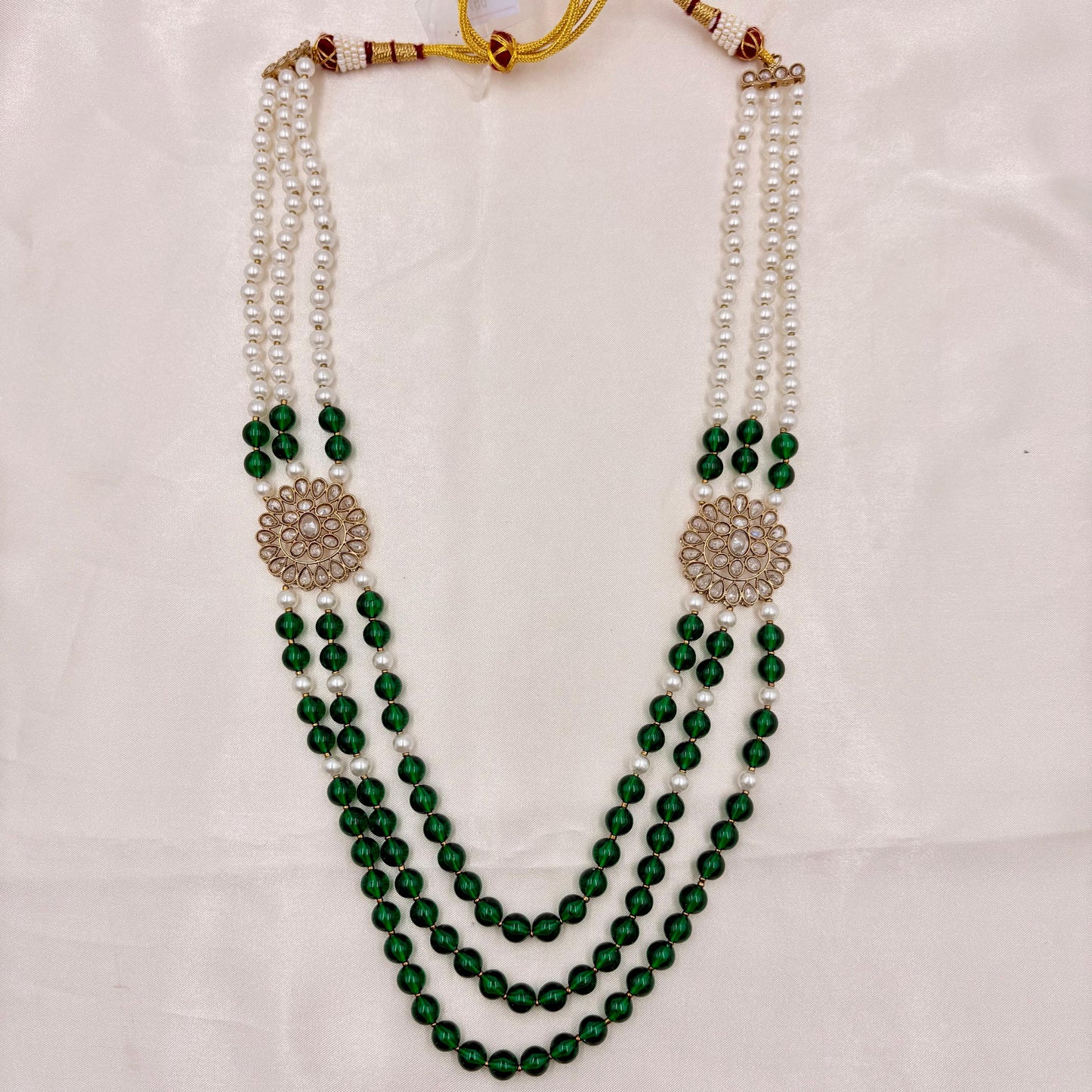 Layered Pearl & Emerald Green Bead Long Necklace with Kundan Floral Spacers