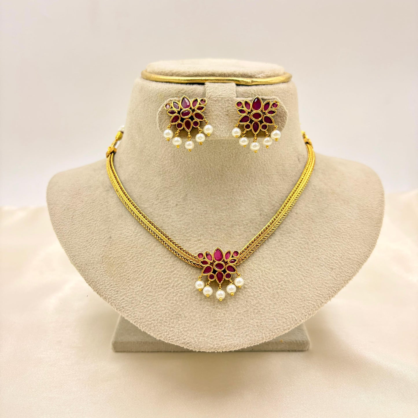 Ruby Floral Pendant Necklace Set with Pearl Drops – Traditional Gold Finish Jewellery