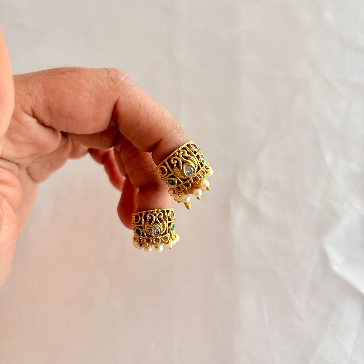 Antique Peacock Bugadi Earrings | Ruby & Green Stone Pearl Drops 🦚✨