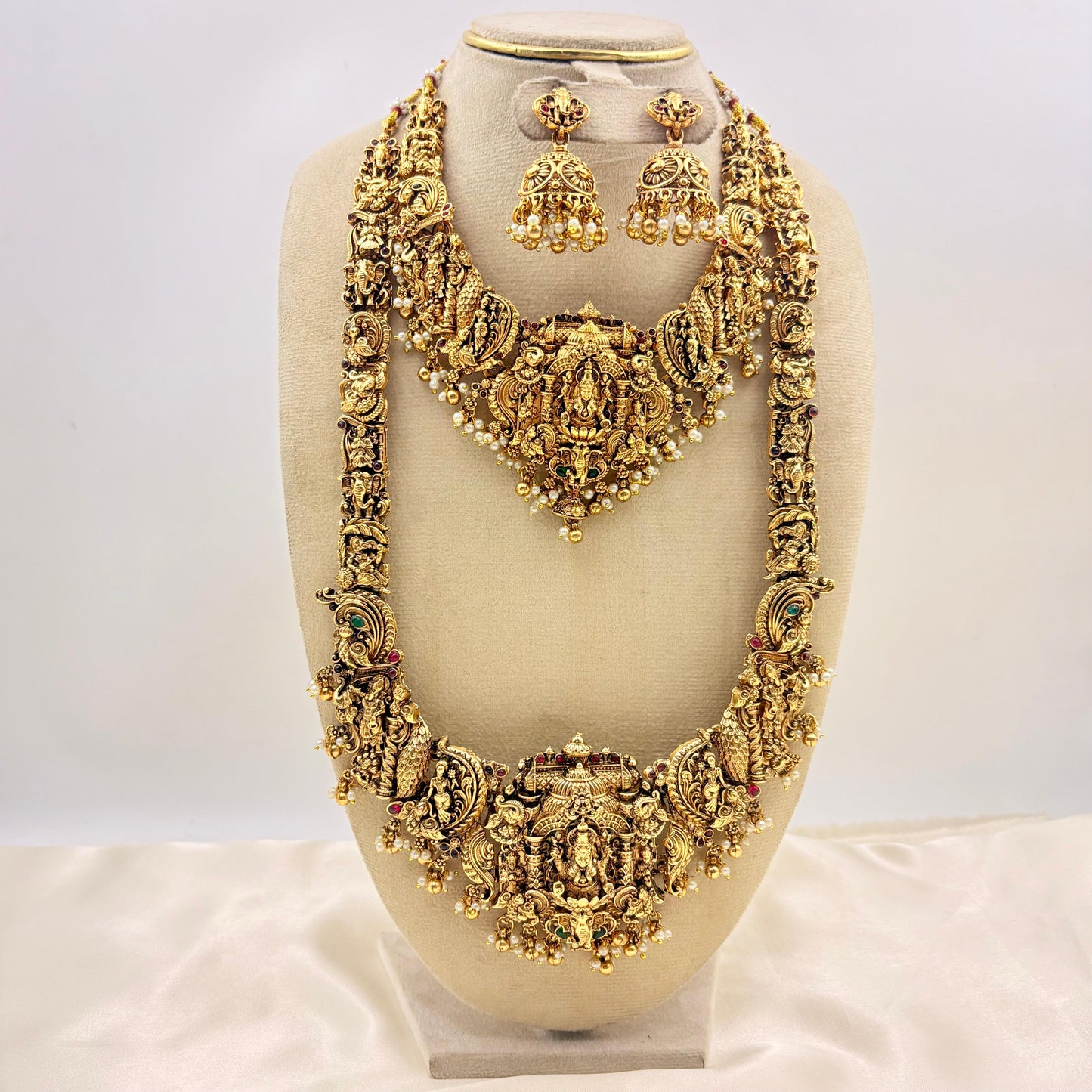 Grand Lakshmi Temple Bridal Jewellery Set – Antique Gold Long Haram Necklace with Jhumka Earrings