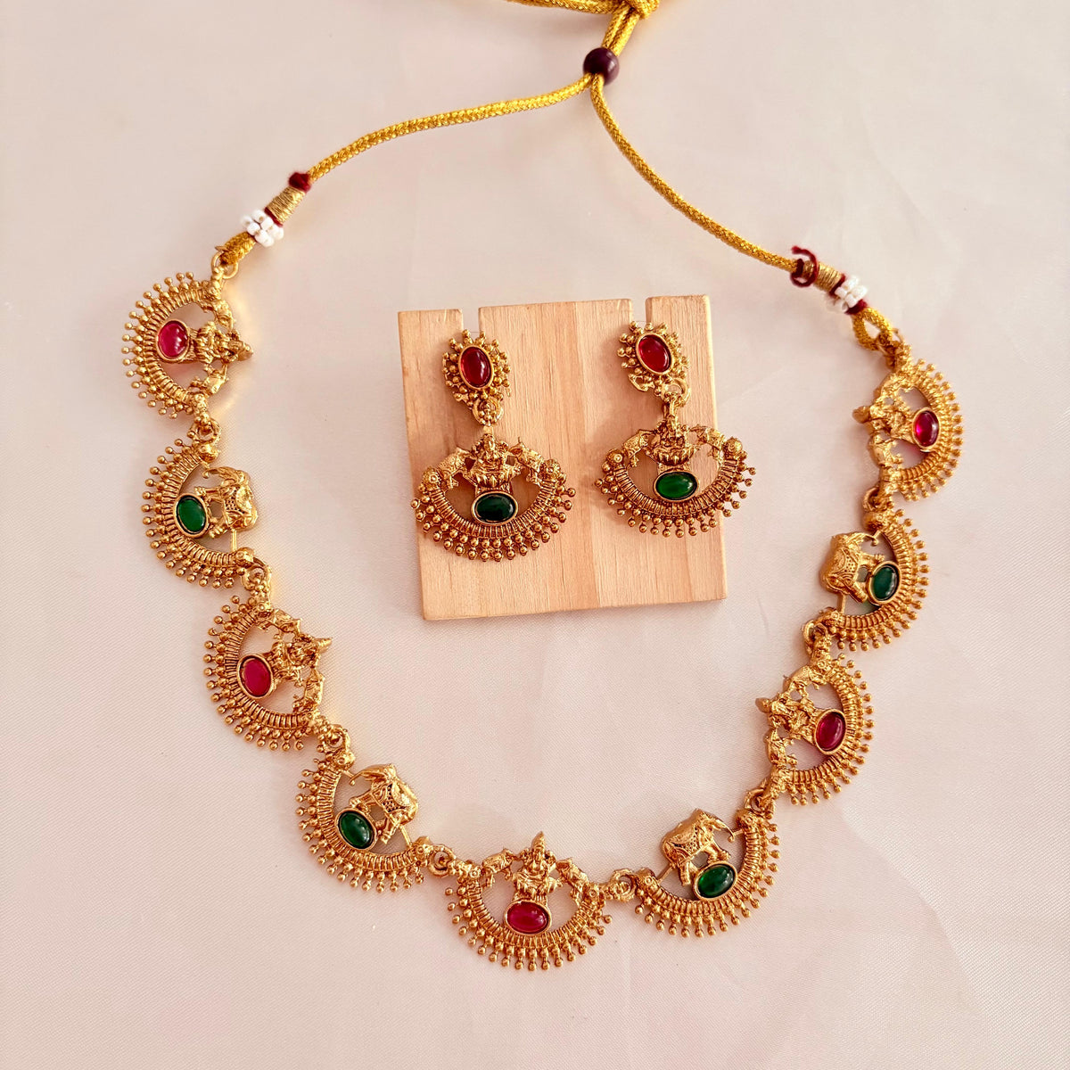 Antique Gold Lakshmi Temple Necklace Set with Ruby & Emerald Stones