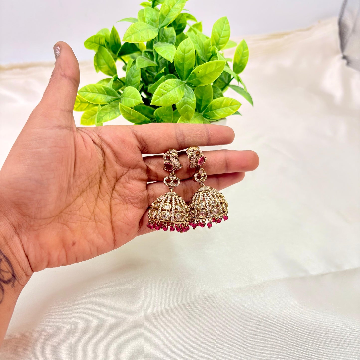 Antique Gold Kundan Jhumka Earrings with Ruby Bead Drops
