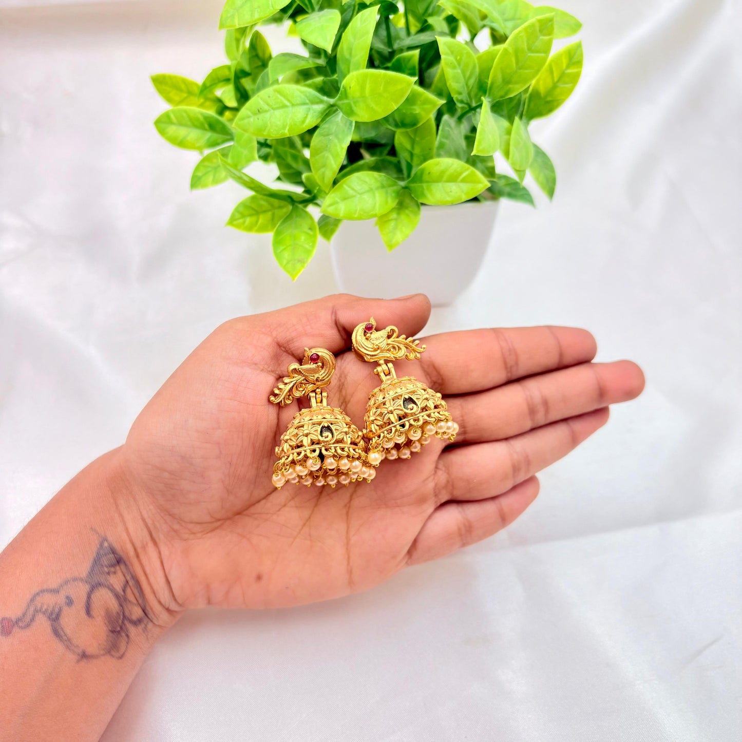 Peacock Design Gold Jhumka Earrings with Pearl Drops