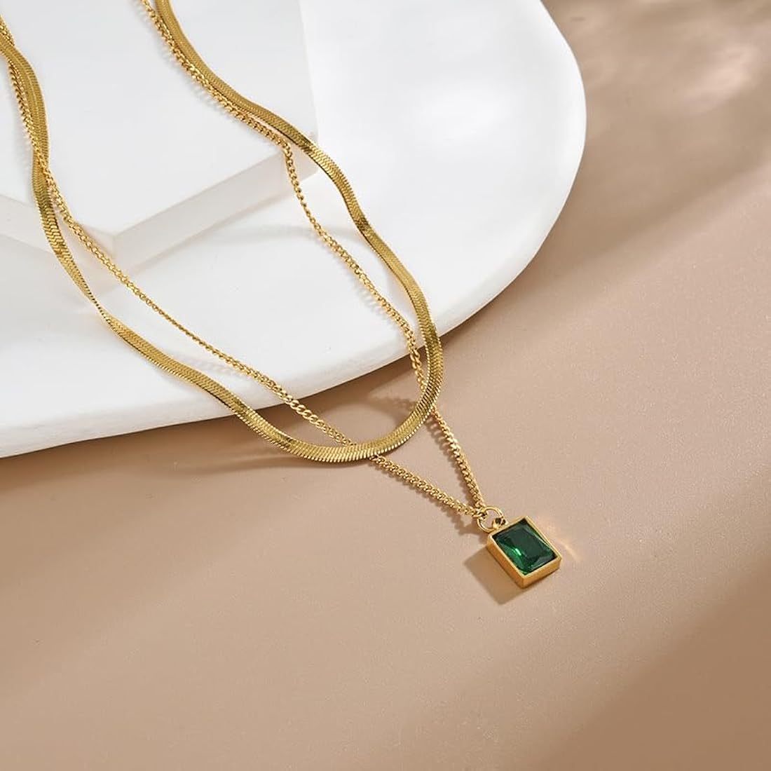 Layered Emerald Green Crystal Necklace – Premium Anti-Tarnish Double Layer Gold Necklace