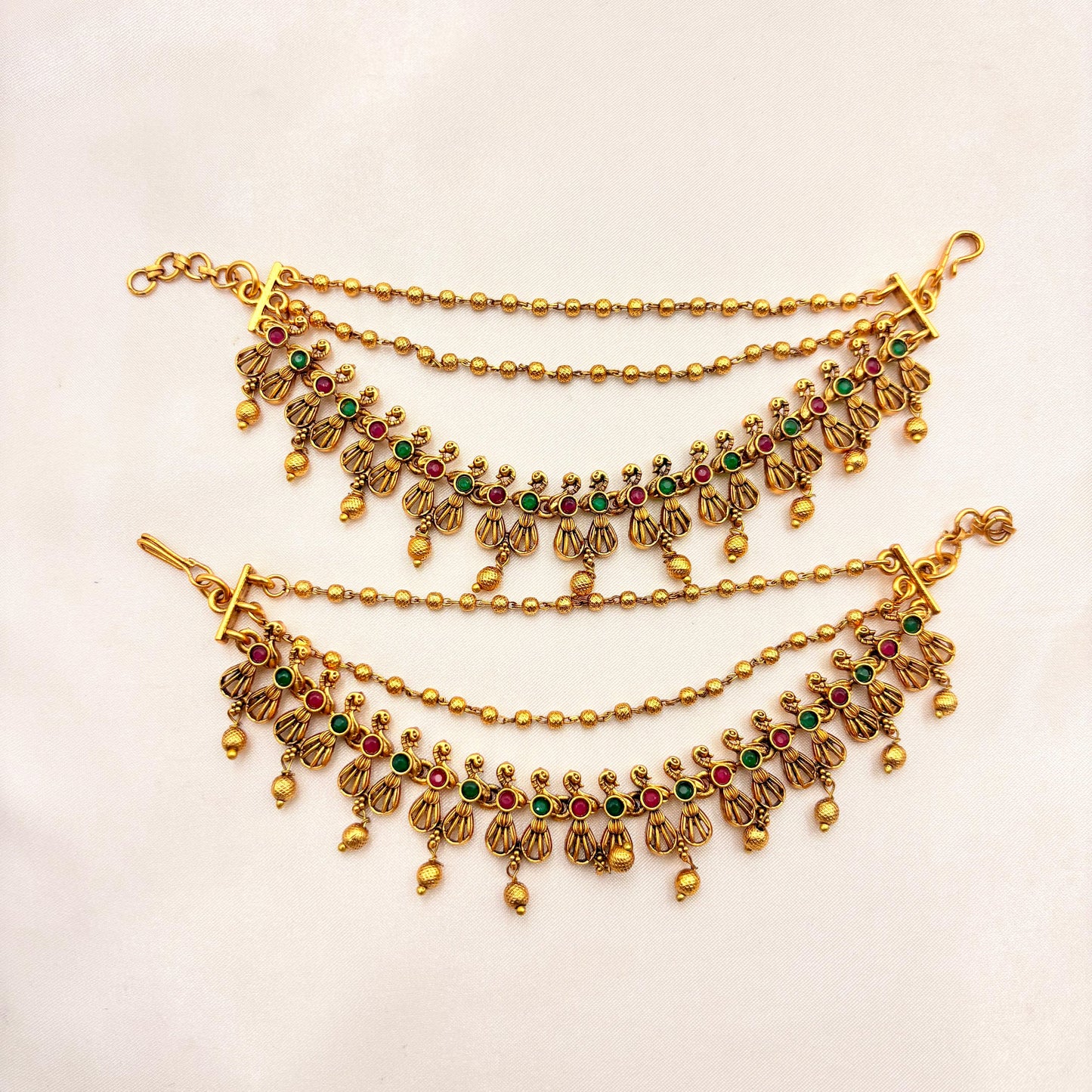 Traditional Antique Gold Matti Hair Accessory – Ruby & Emerald Stone Bridal Mattal / Temple Hair Jewellery