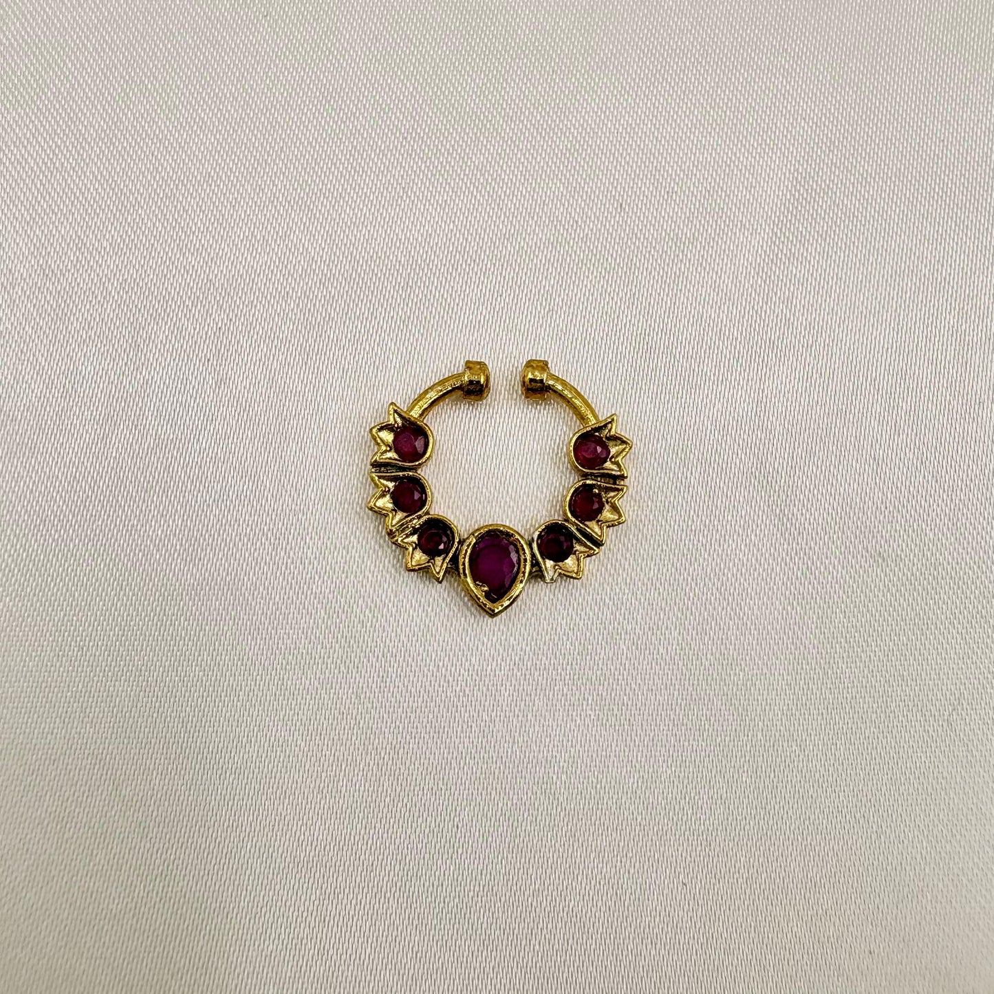 Traditional Ruby Stone Nose Pin | Non-Piercing Nath | Gold Finish Adjustable Nose Ring