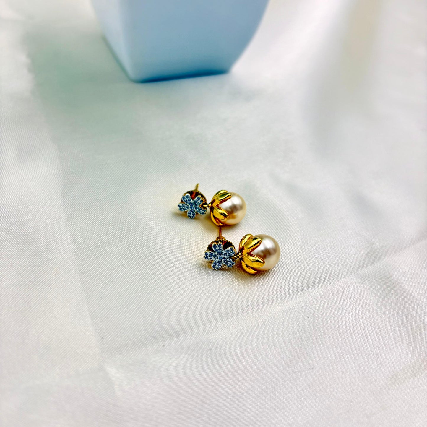 Gold Pearl & Blue Floral Stud Earrings