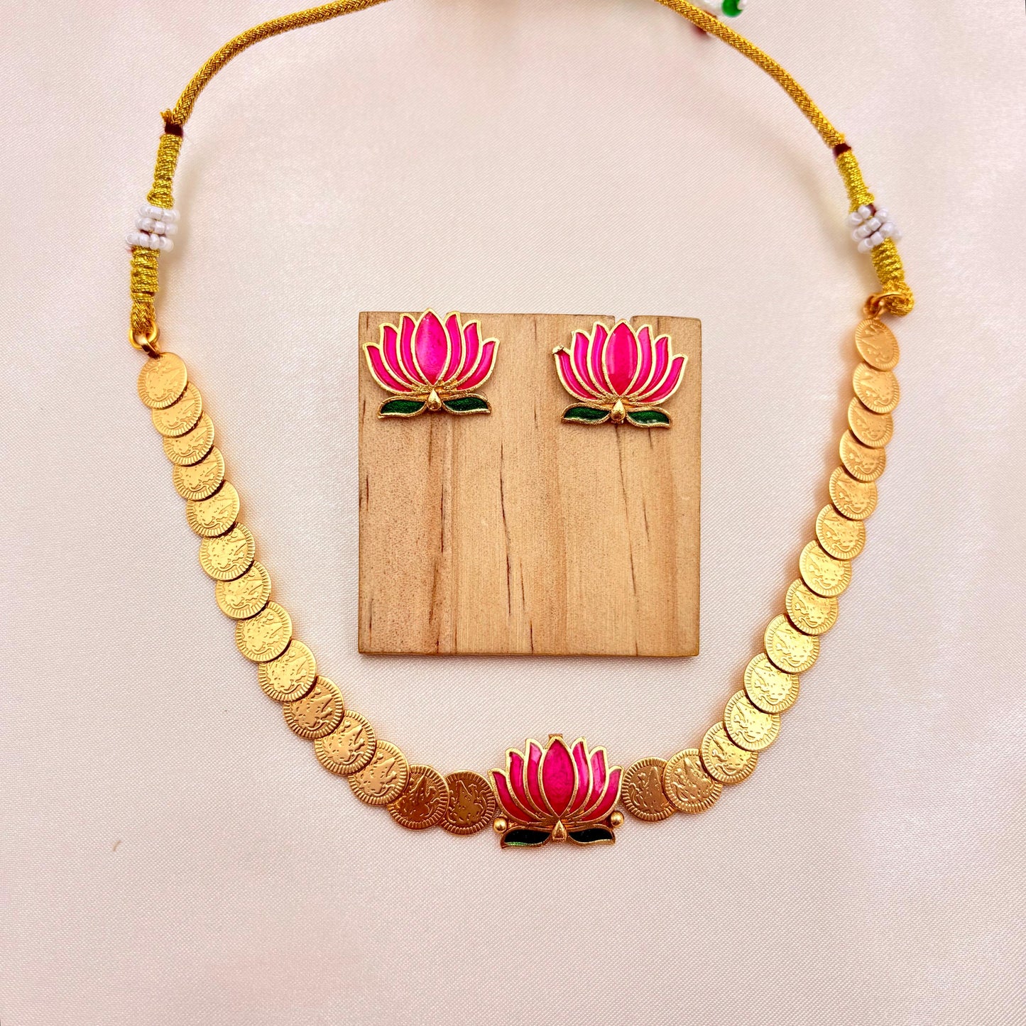 Pink Lotus Design Temple Necklace Set – Traditional Gold Finish Jewellery