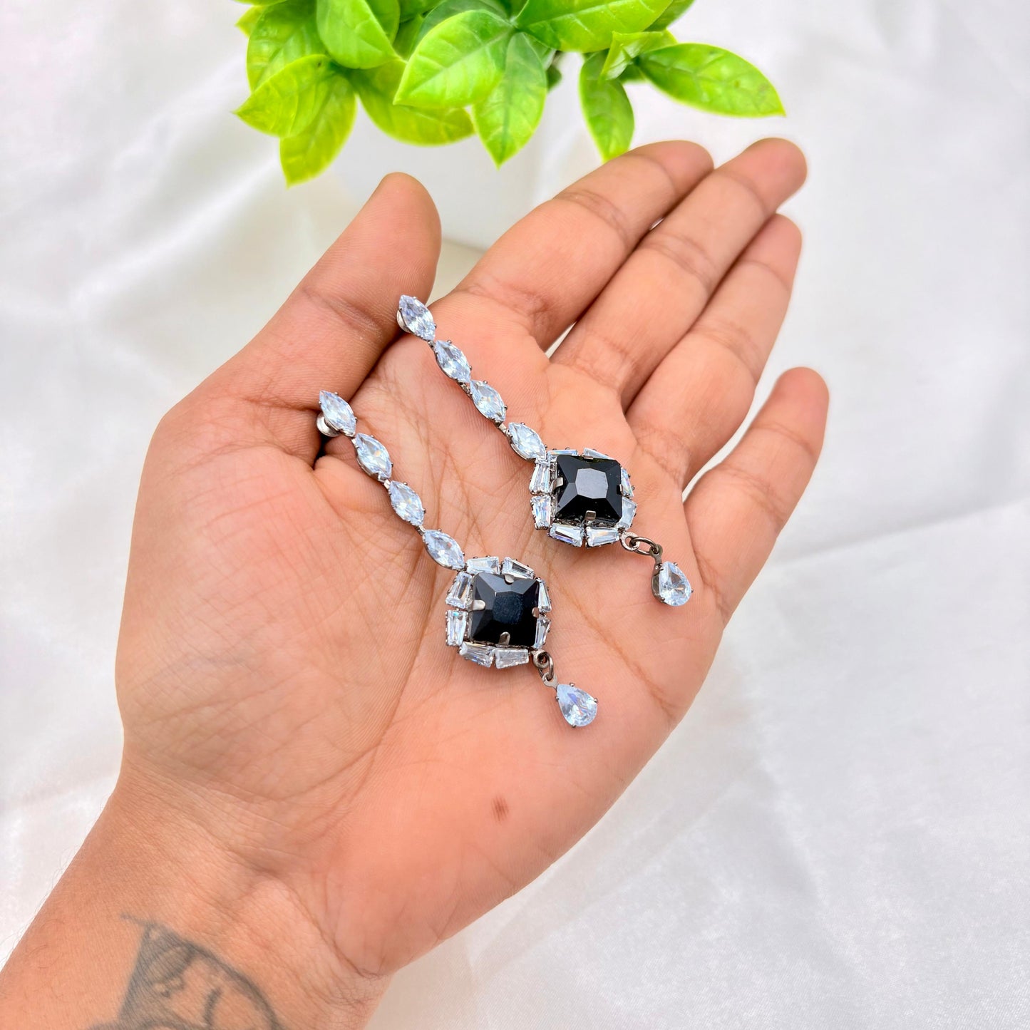 Black Square Crystal Long Drop Earrings