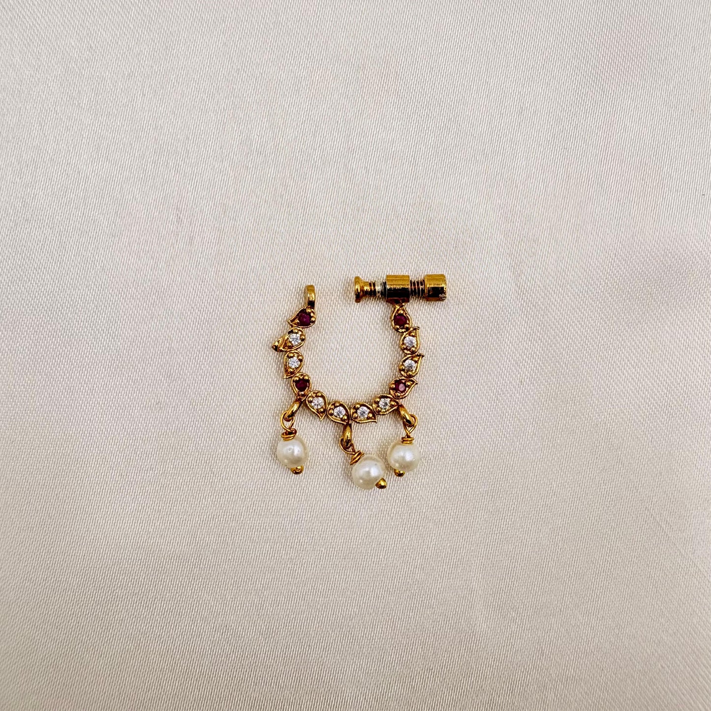 Traditional Pearl & Stone Screw Nose Pin | Gold-Finish Bridal Nath | Adjustable Non-Piercing Nose Ring