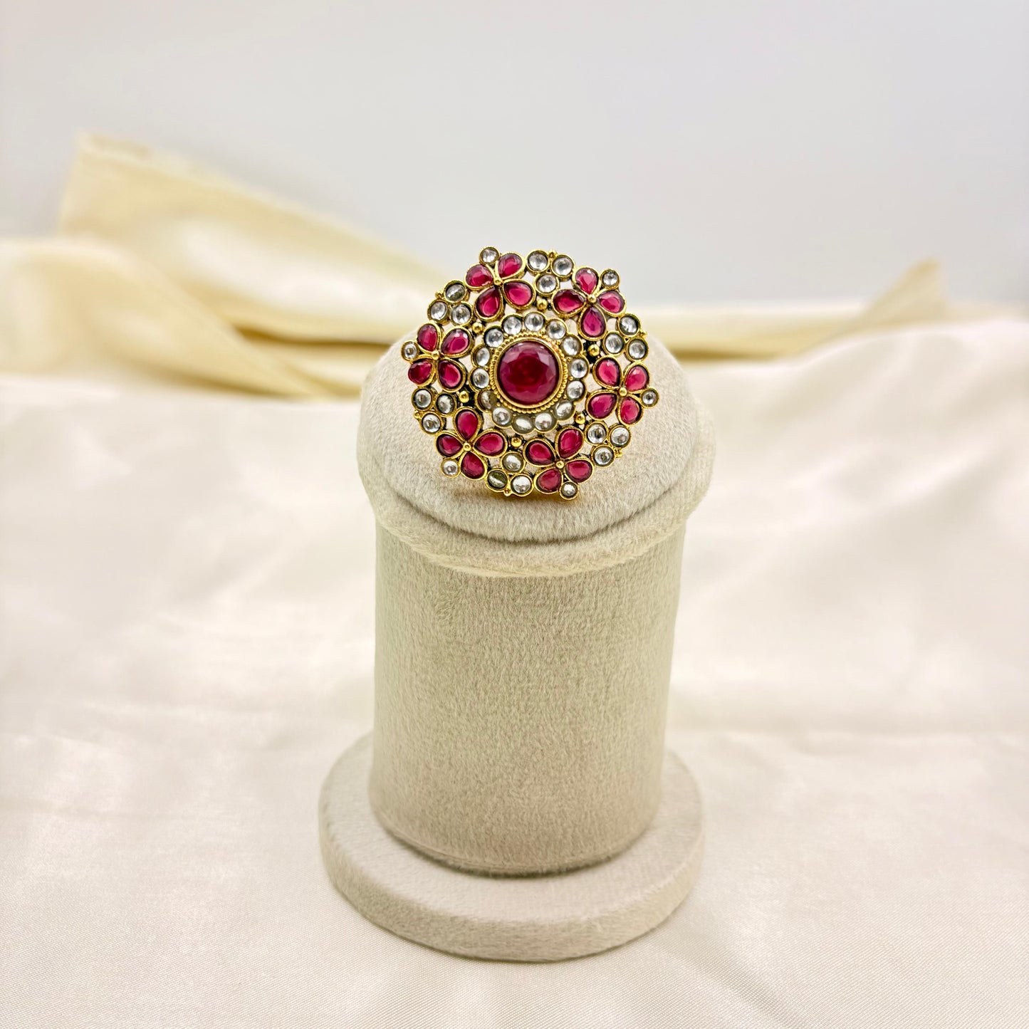 Ruby Red Floral Kundan Adjustable Finger Ring