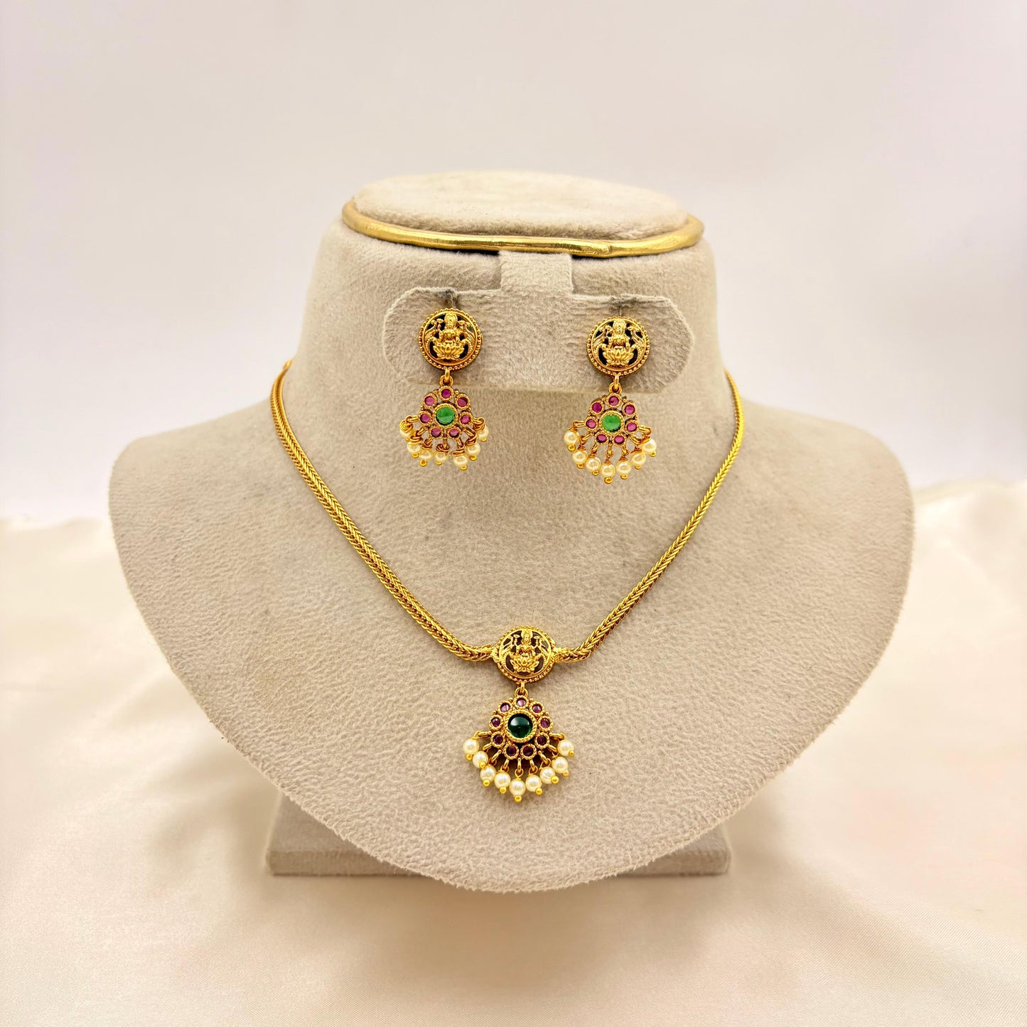 Lakshmi Pendant Temple Necklace Set with Pearl Drops – Traditional Gold Finish Jewellery