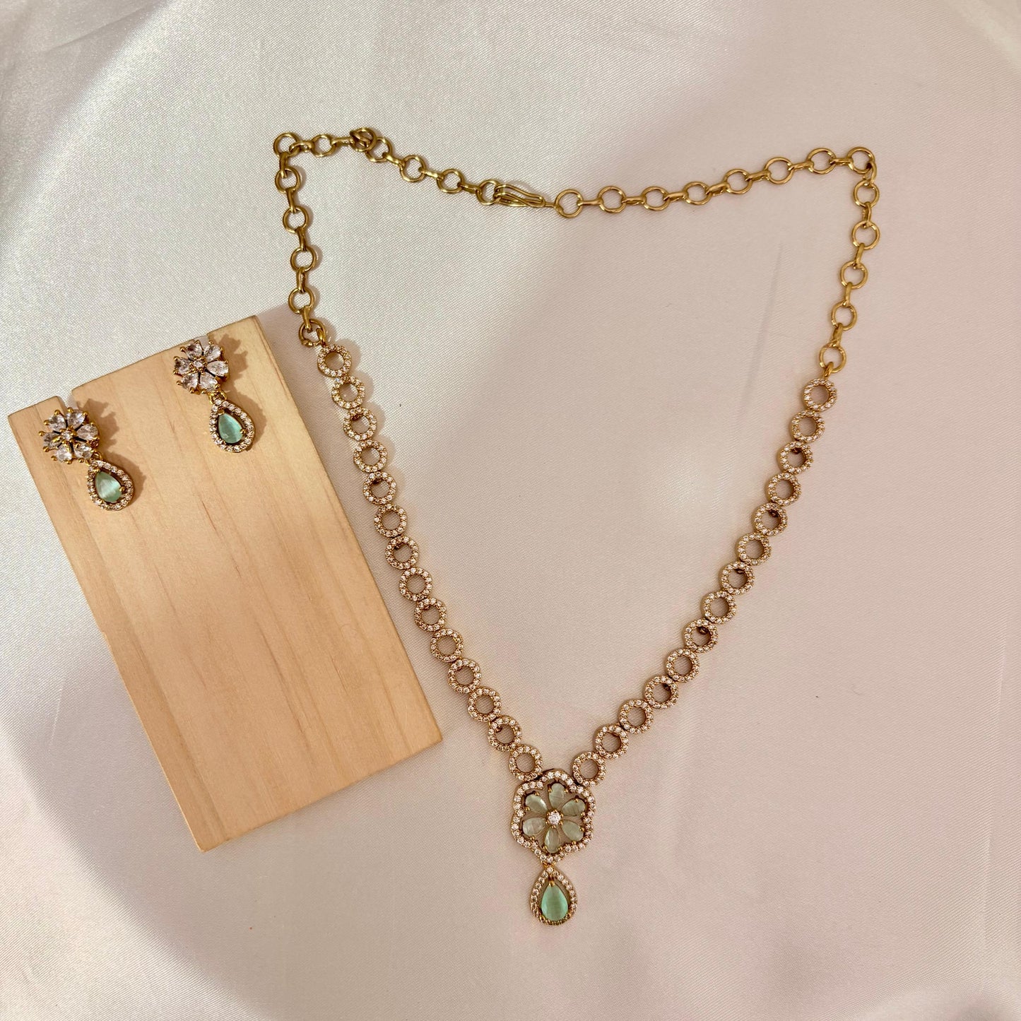 Rose Gold Floral Necklace Set with Mint Green Stones & Matching Drop Earrings