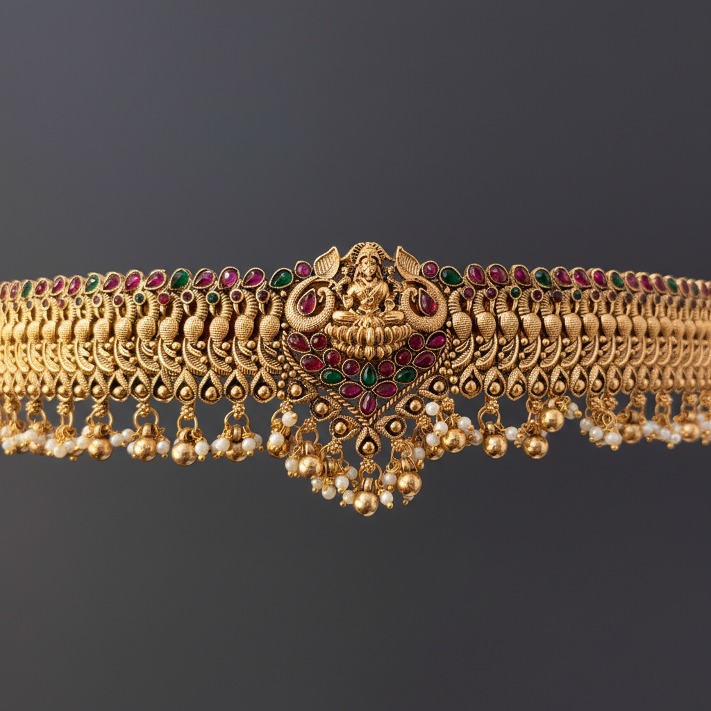 Traditional Temple Jewellery Lakshmi Vaddanam / Oddiyanam – Antique Gold Waist Belt with Ruby & Emerald Stones