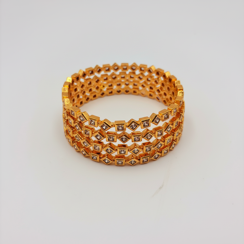 Geometric Diamond-Cut Gold Bangles – Premium CZ Stone Design