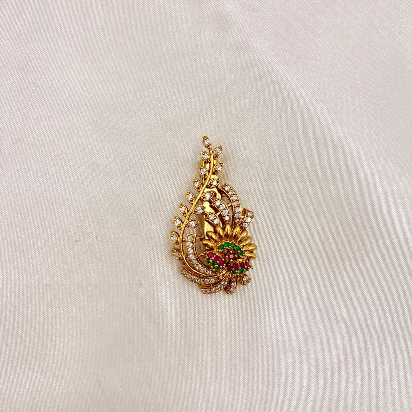 Gold-Plated Floral Leaf Saree Pin with CZ Diamonds, Ruby & Green Stones | Designer Saree Brooch