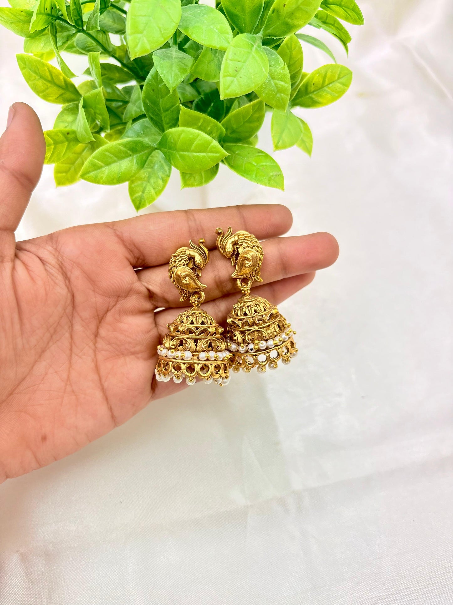 Antique Gold Peacock Jhumka Earrings with Pearl Drops