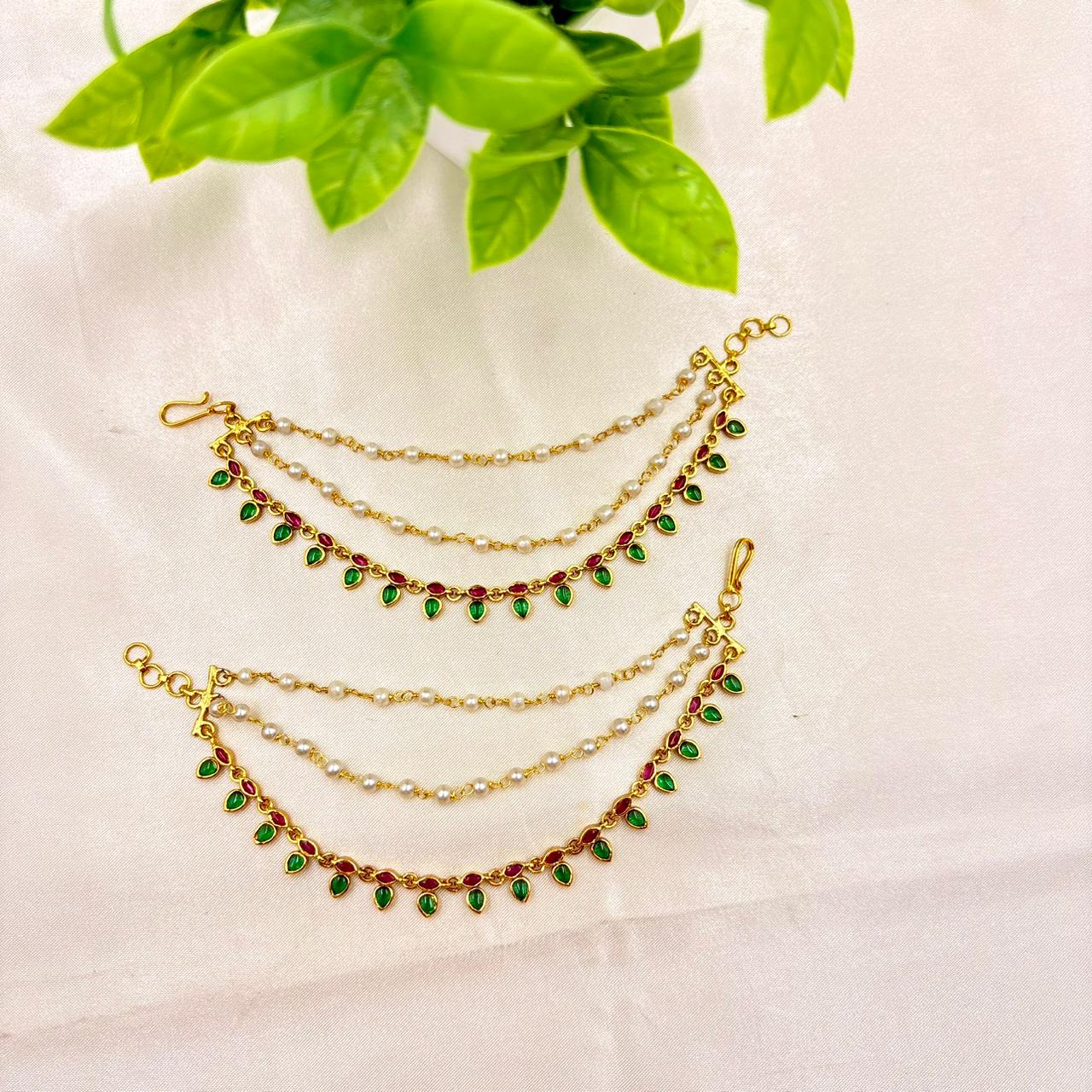 Antique Gold Finish Green & Red Stone Matti with Pearl Chains – Pair