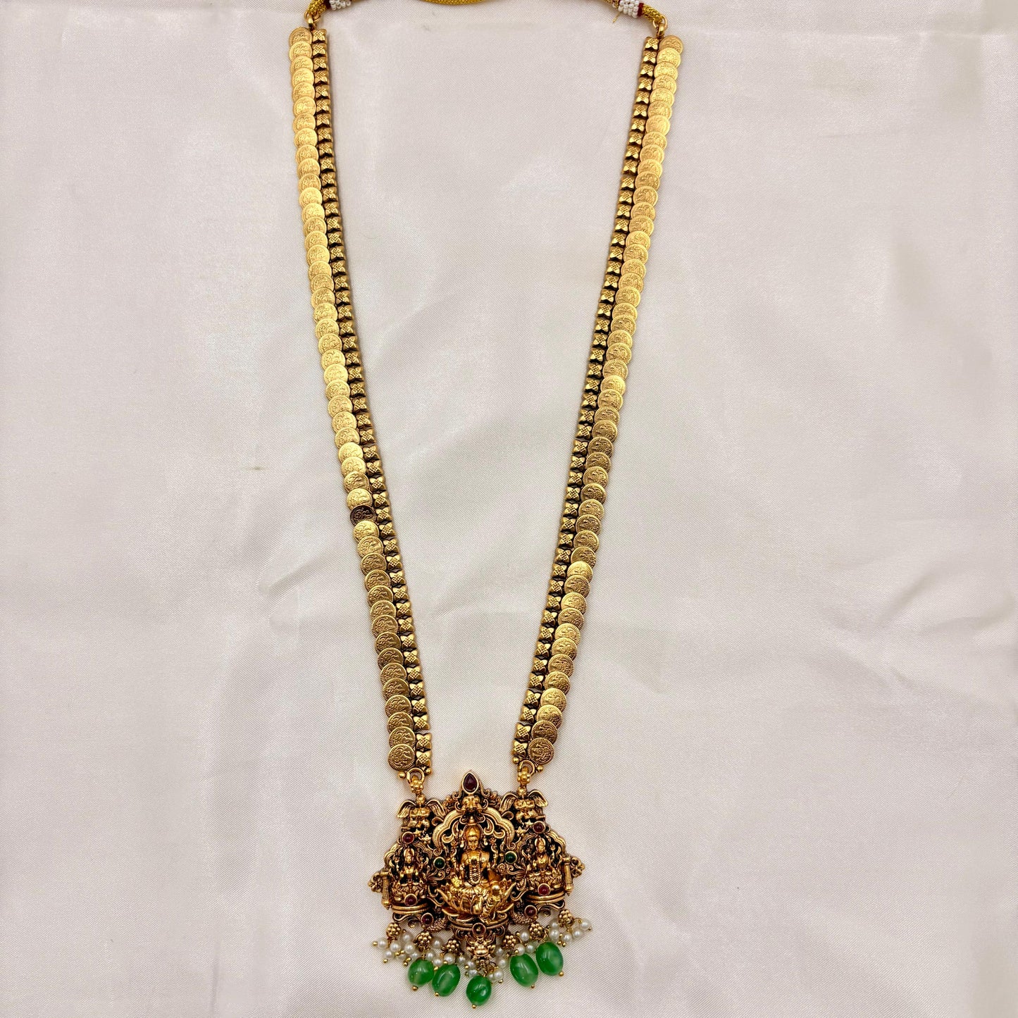 Antique Gold Kasu Lakshmi Haram with Green Bead Drops & Temple Jhumka Earrings | Bridal Temple Jewelry Set