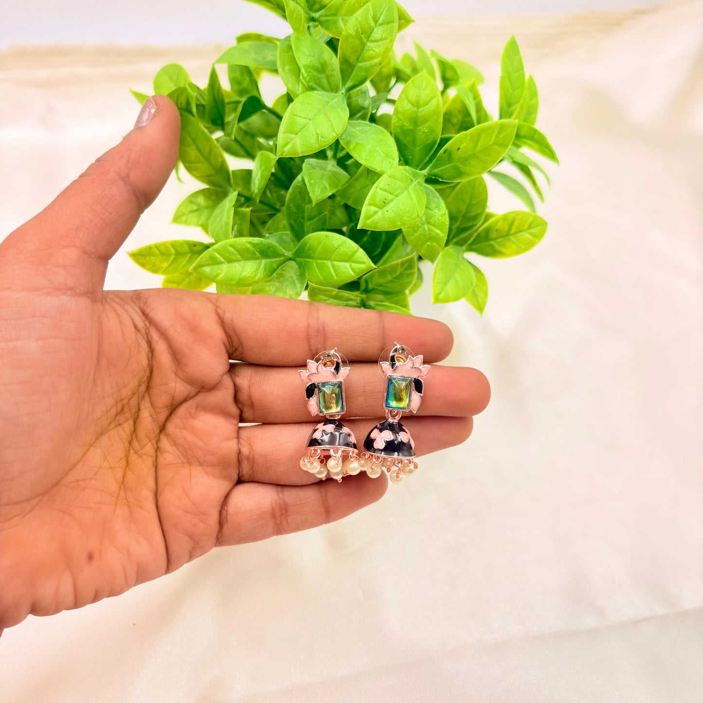 Floral Black Enamel Jhumka Earrings with Pearl Drops