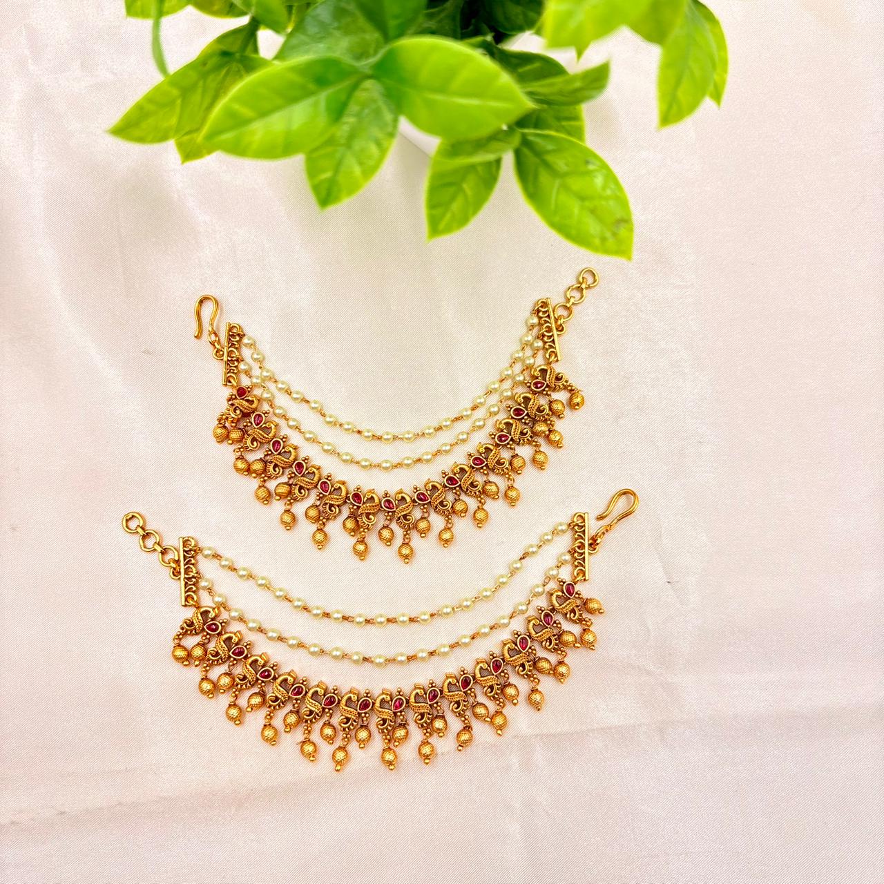 Antique Gold Finish Pearl & Ruby Stone Matti (Toe Ring Chain) – Pair