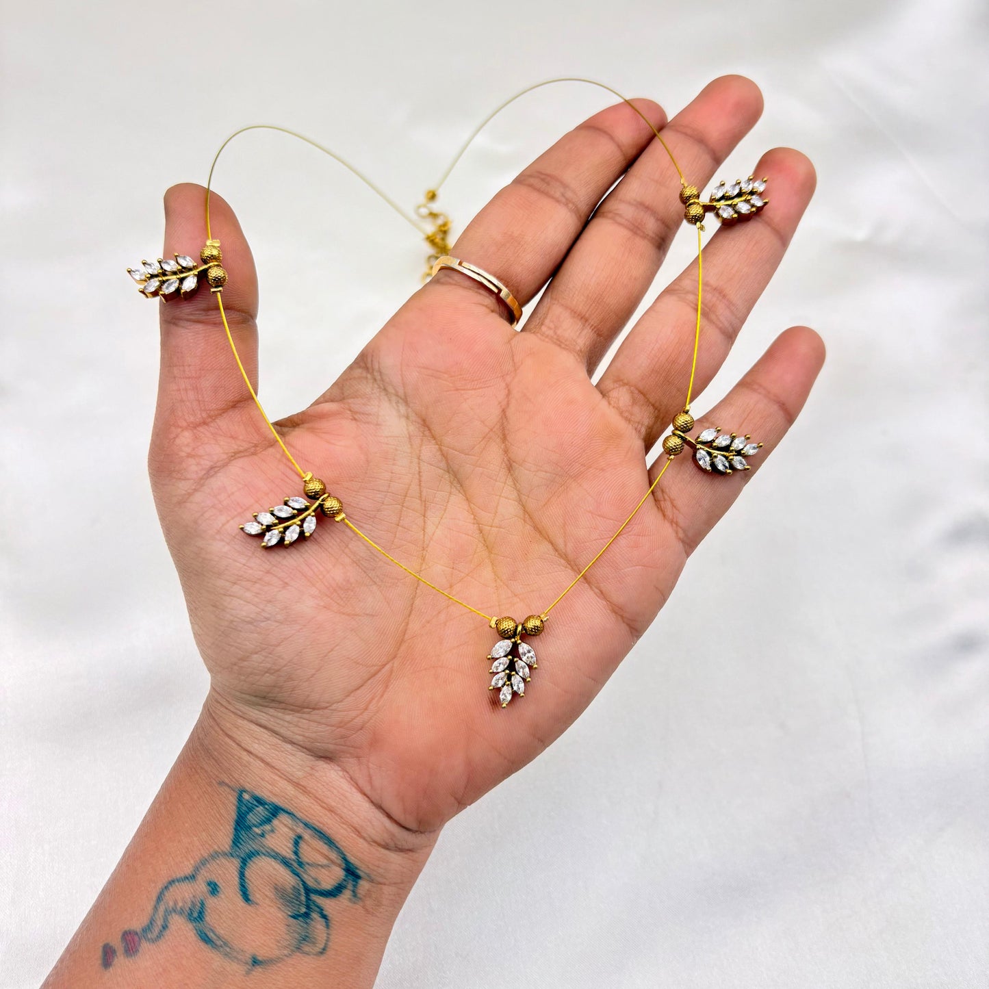 Minimal CZ Leaf Wire Necklace Set – Antique Gold Finish