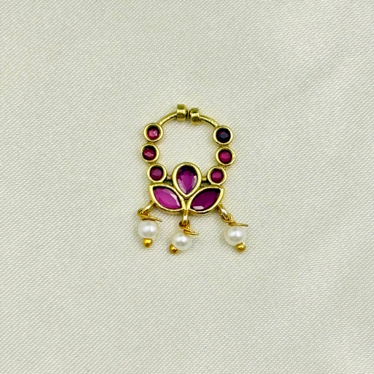 Gold Finish Traditional Nose Pin with Ruby Stones & Pearl Drops