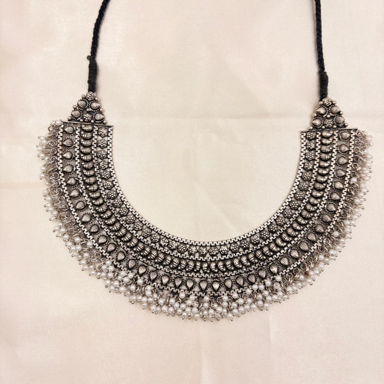 Oxidised Silver Pearl Fringe Choker Necklace Set with Jhumka Earrings