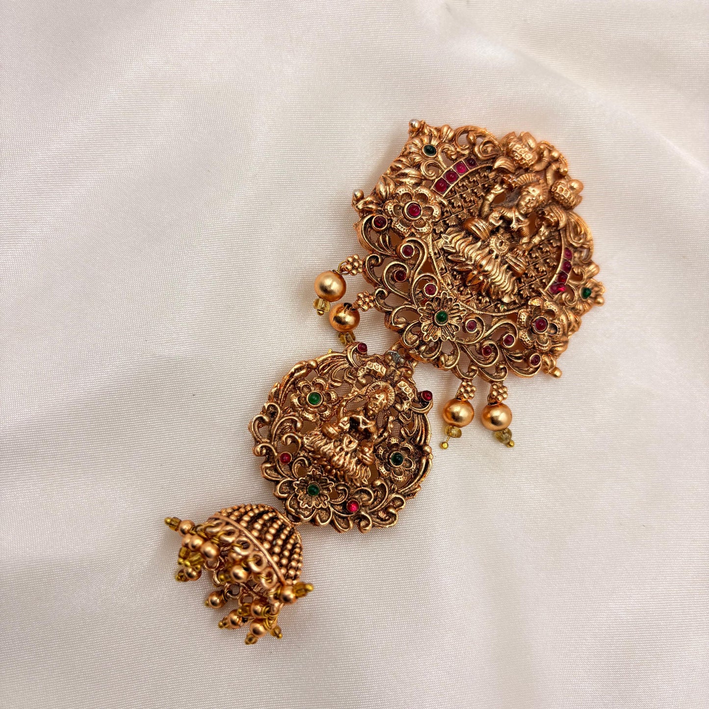 Antique Lakshmi Temple Jada Billa With Hanging Jhumka – Ruby & Green Stone Braid Accessory