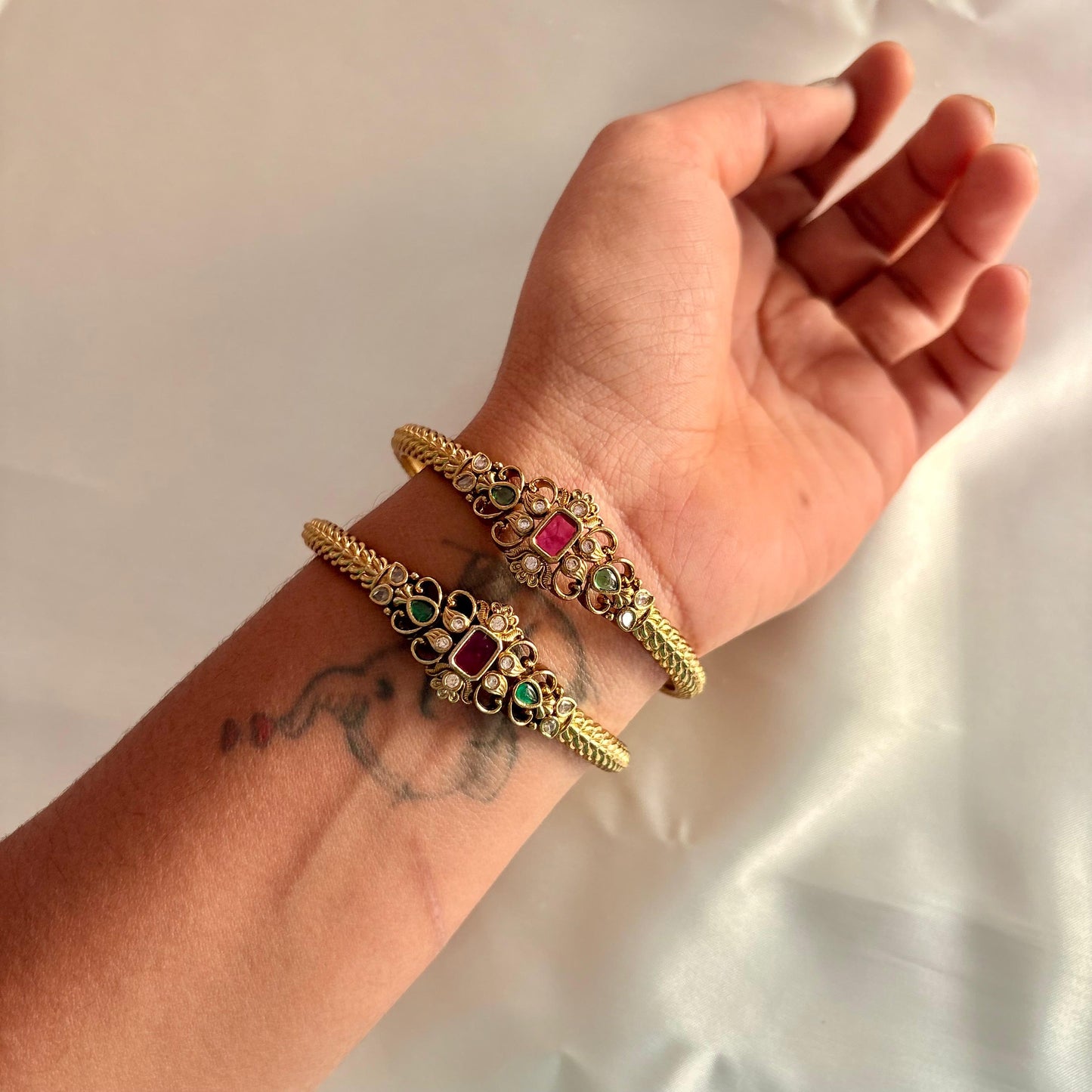 Antique Kundan Ruby & Green Stone Designer Openable Kada Bangles (Pair)