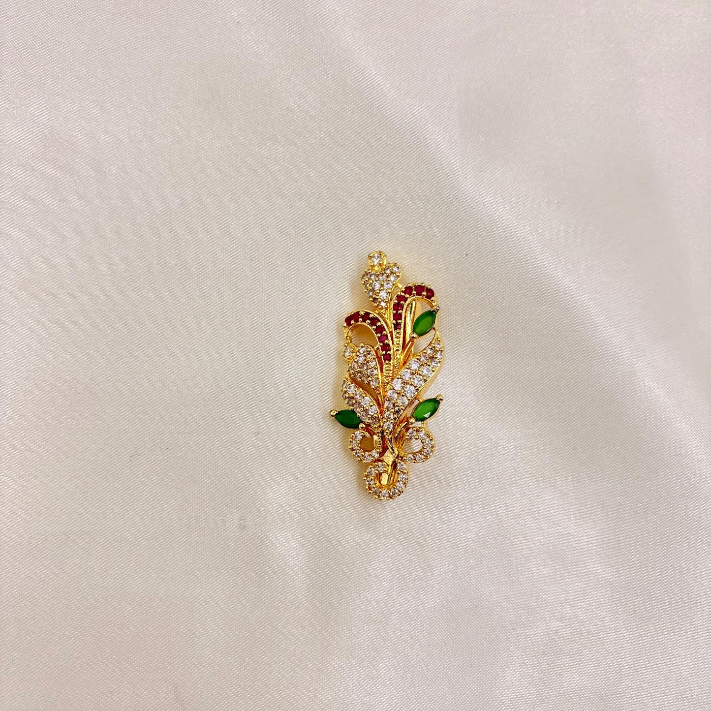 Gold-Plated Designer Peacock Feather Saree Pin with CZ Diamonds, Ruby & Emerald Stones | Saree Brooch