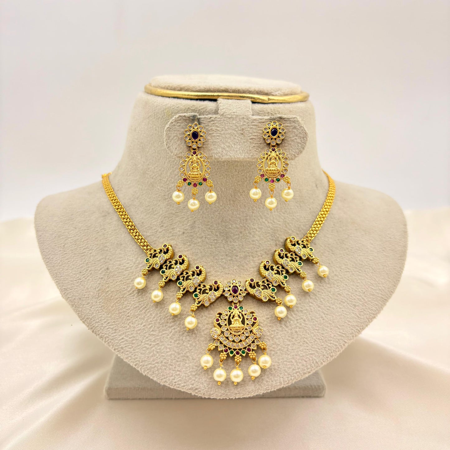 Lakshmi Temple Necklace Set with Pearl Drops – Traditional Gold Finish Jewellery