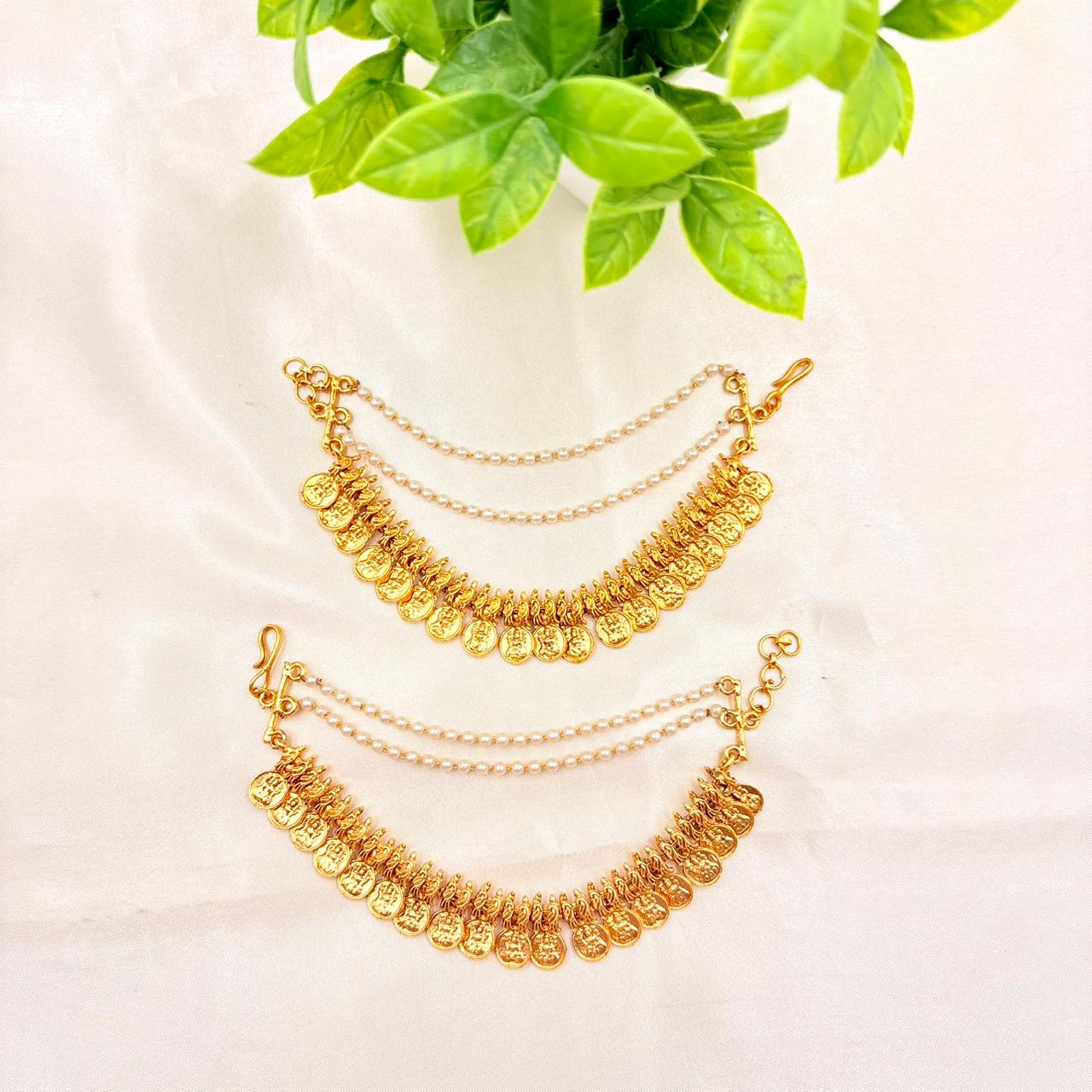 Antique Gold Finish Coin Matti with Pearl Chains – Traditional Bridal Toe Ring Chain (Pair)