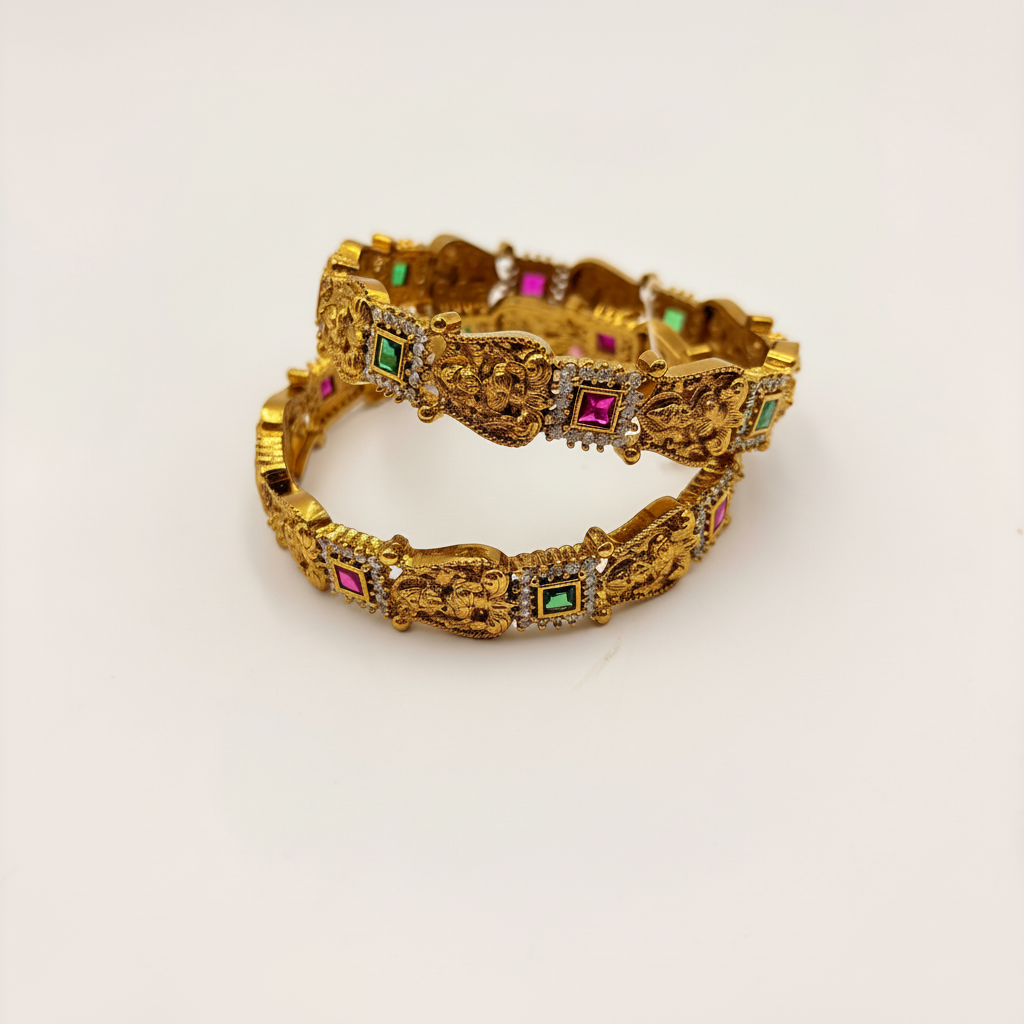 Antique Gold Lakshmi Temple Bangles with Ruby & Emerald Stones – Premium Traditional Bangle Set (Set of 2)